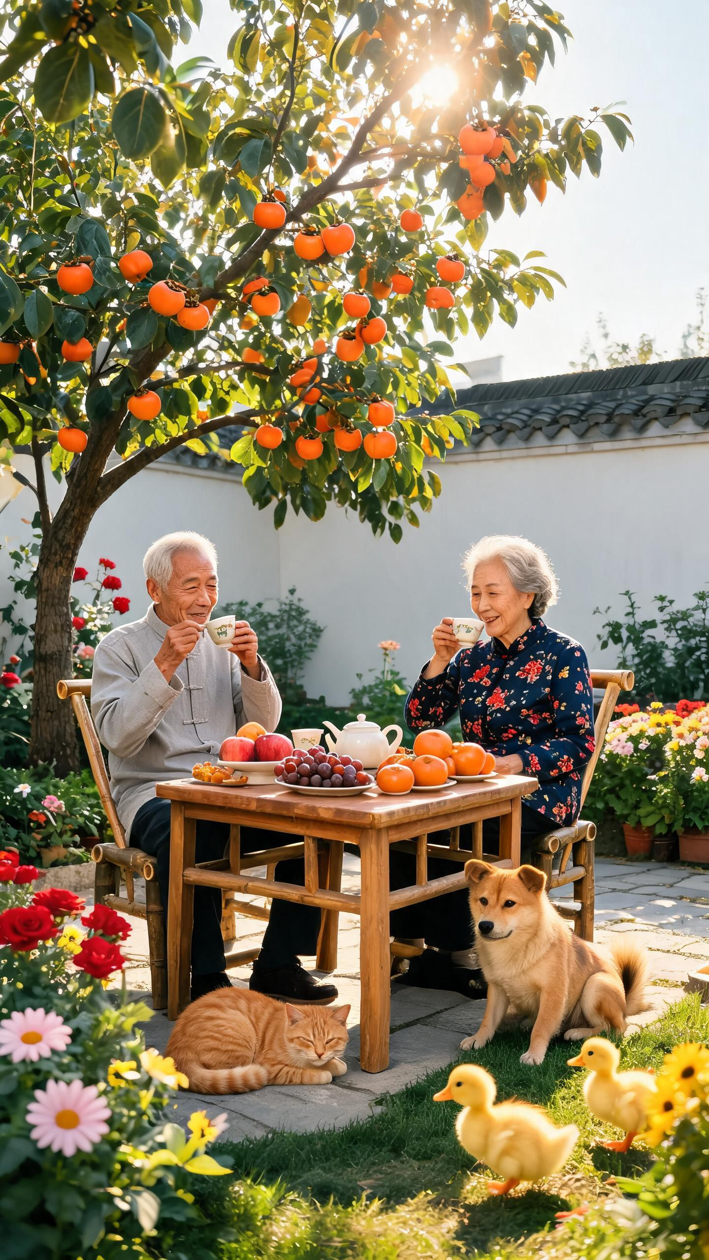 在一个新农村的院子里，柿子树下，桌子上有各种水果，一对老年夫妇坐在桌旁喝着茶，旁边有小猫、小狗、小鸭，开着鲜艳花草，非常幸福消遣。画面清晰。 - AI提示词参考图，来自西西提示词