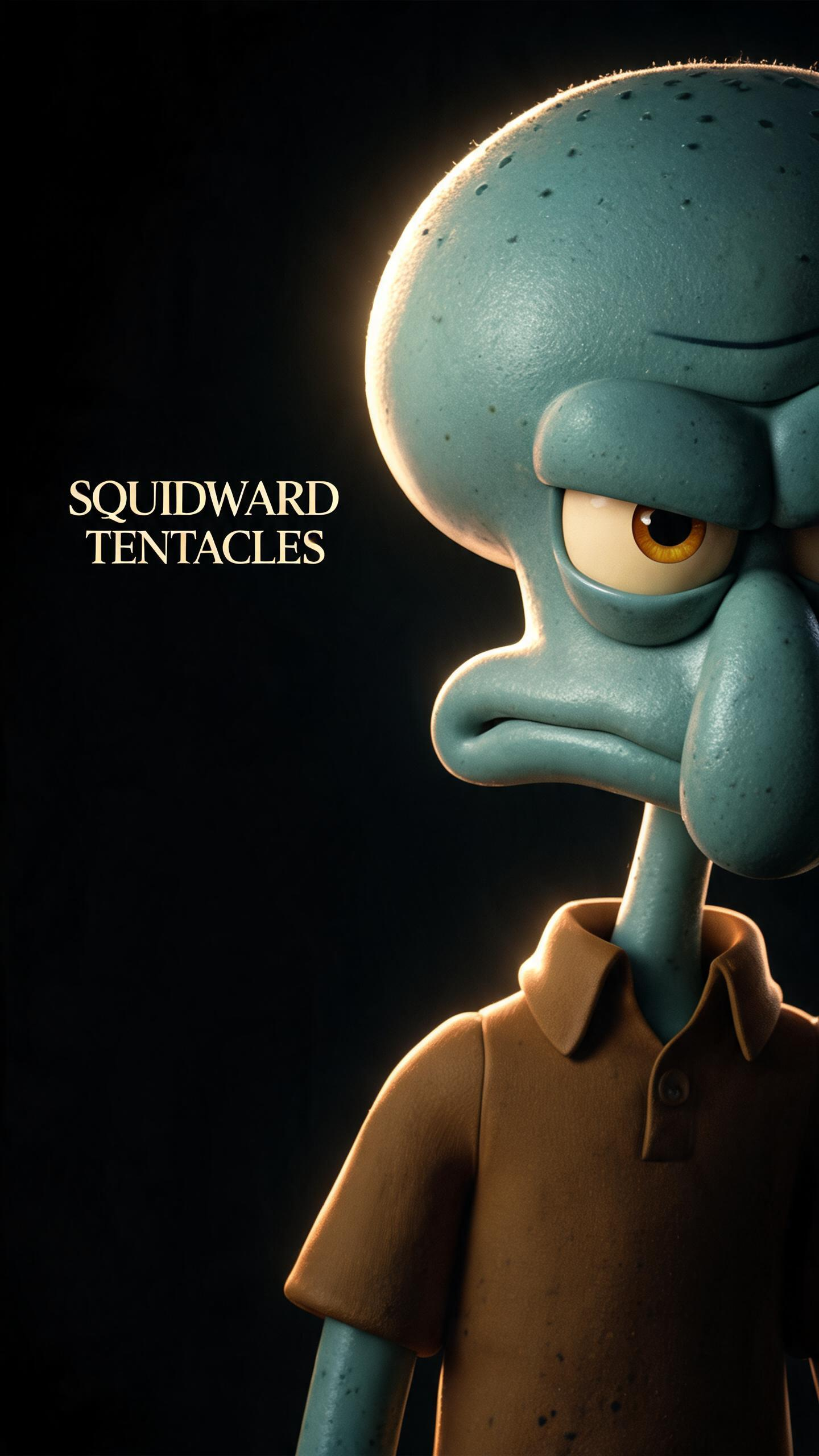 2. 章鱼哥 SQUIDWARD TENTACLES 竖版手机壁纸，超写实3D渲染章鱼哥半身肖像，角色在画面右侧，半边脸出镜，青蓝色粗糙皮肤带细微斑点，愠怒严肃的黄色眼睛，穿着棕色Polo短袖，暖金色逆光勾勒头部轮廓，… - AI prompt reference from CC Prompt Galaxy