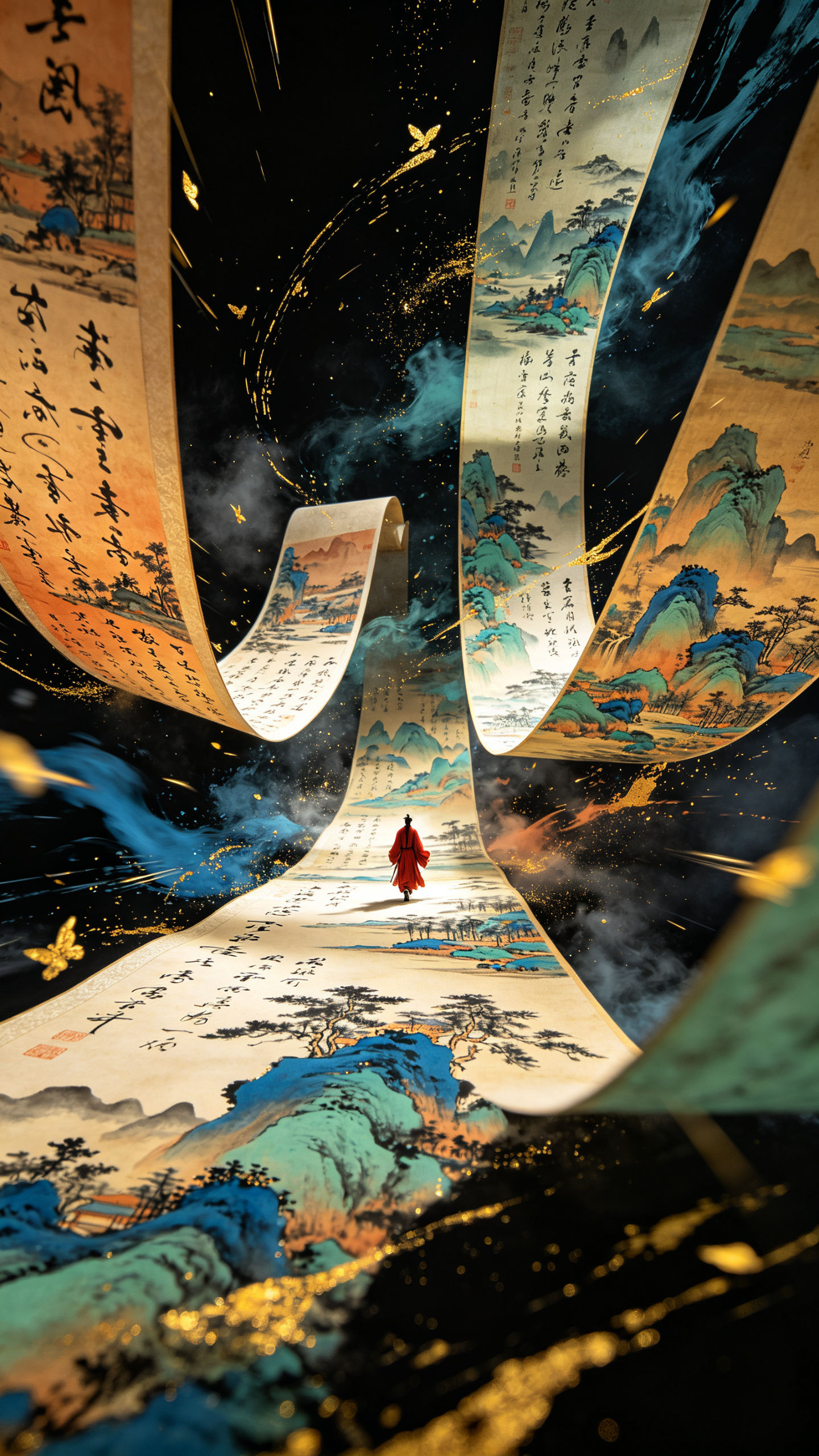 空间自上而下铺满书法与万里江山图宋画长卷轴，延伸感，极小墨色红衣书生行走其间，水墨质感弥漫。低角度超广角构图带来强烈透视，动态模糊强化速度线残影，边缘虚化与弥散晕染的暗部层次交织，营造出压迫感与迷失感。空间布满自上而下… - AI提示词参考图，来自西西提示词