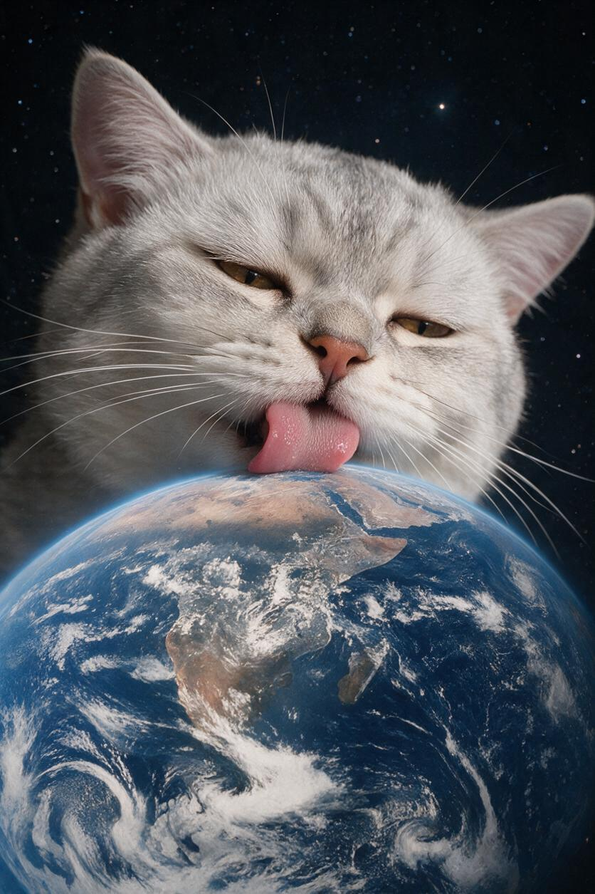 一只巨大的家猫在太空中，它巨大的脸若隐若现地出现在地球后面，用粉红色的舌头舔着地球，舌头接触到球体的上表面，近景构图，猫的头被画面的上边缘切断，地球占据了图像的下半部分，四分之三的正面视角，贪睡的半闭眼睛，写实的银渐层… - AI提示词参考图，来自西西提示词