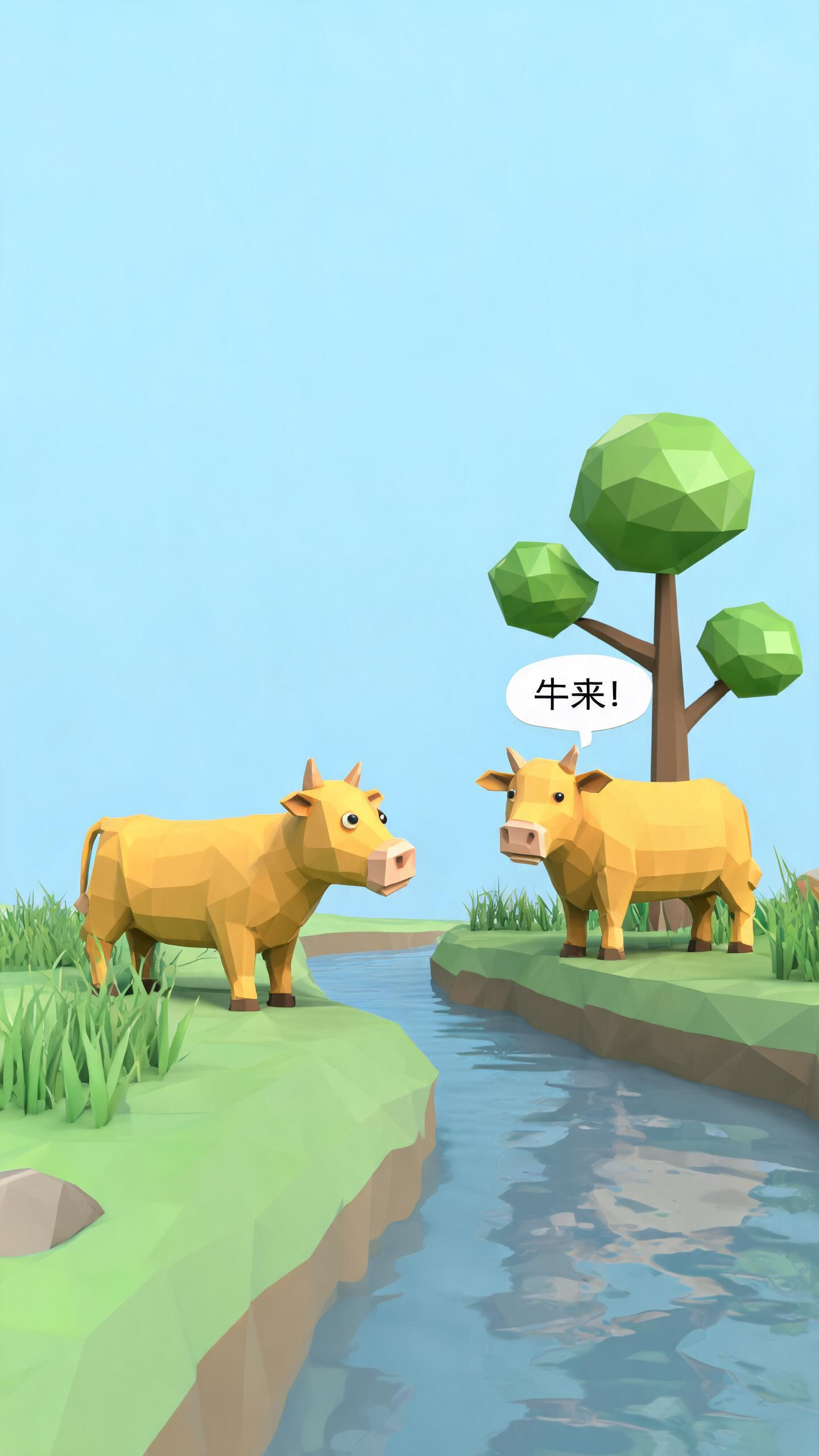 一头3D风格的长相普通嘴部突出的小黄牛（建模很难看）在河边 对岸是他的黄牛妈妈 妈妈在极简的3D树下喊“牛来！” - AI提示词参考图，来自西西提示词