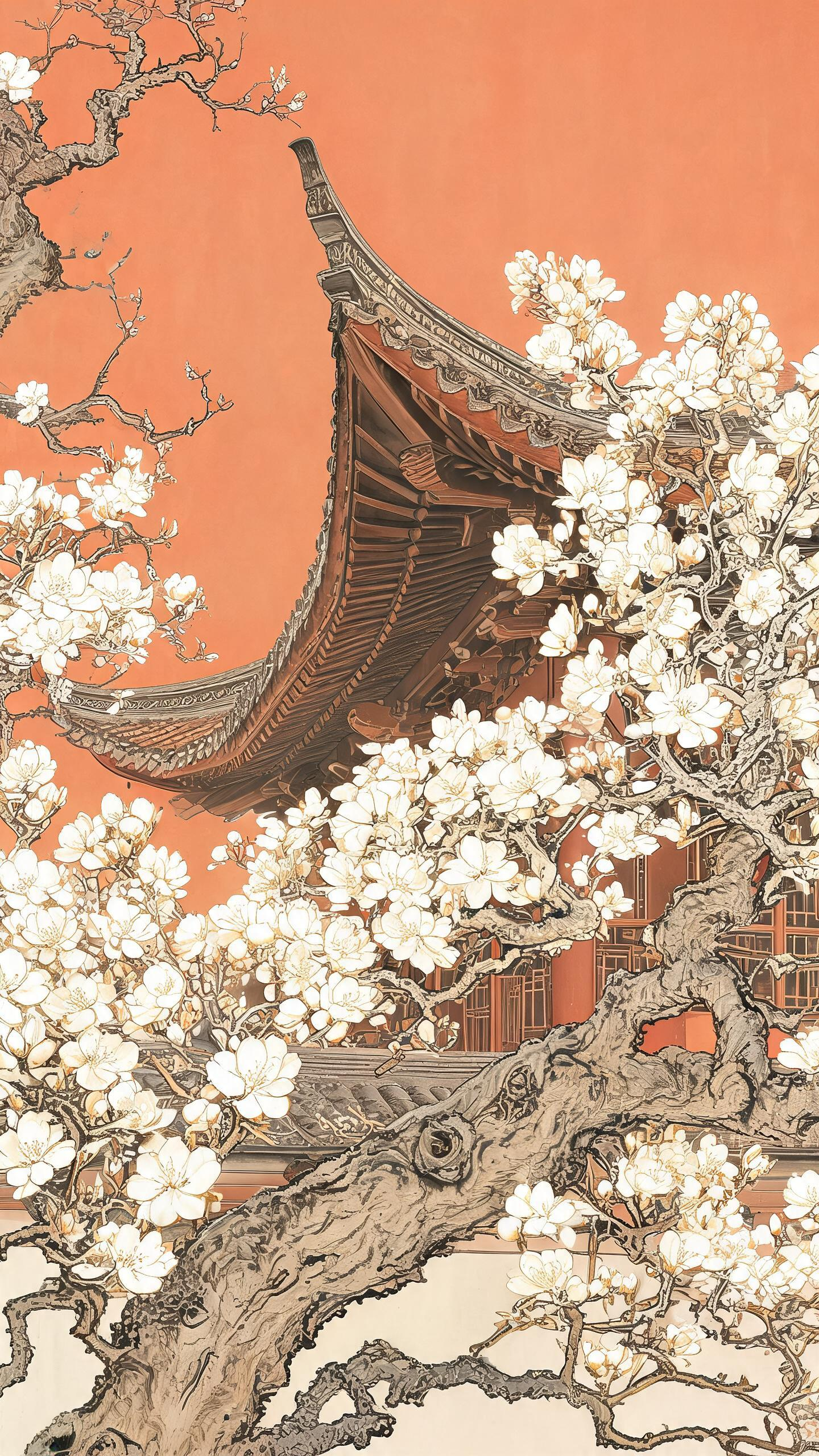 竖版构图，平视视角的传统中式庭院局部，前景苍劲虬曲的开花树木（洁白繁密花朵）运用游丝描勾勒枝干、铁线描刻画花瓣轮廓、没骨法晕染花朵柔腻质感，中景被花枝半遮挡的中式飞檐翘角屋顶，背景暖橘红色墙面，写实风格融合传统工笔画，… - AI提示词参考图，来自西西提示词