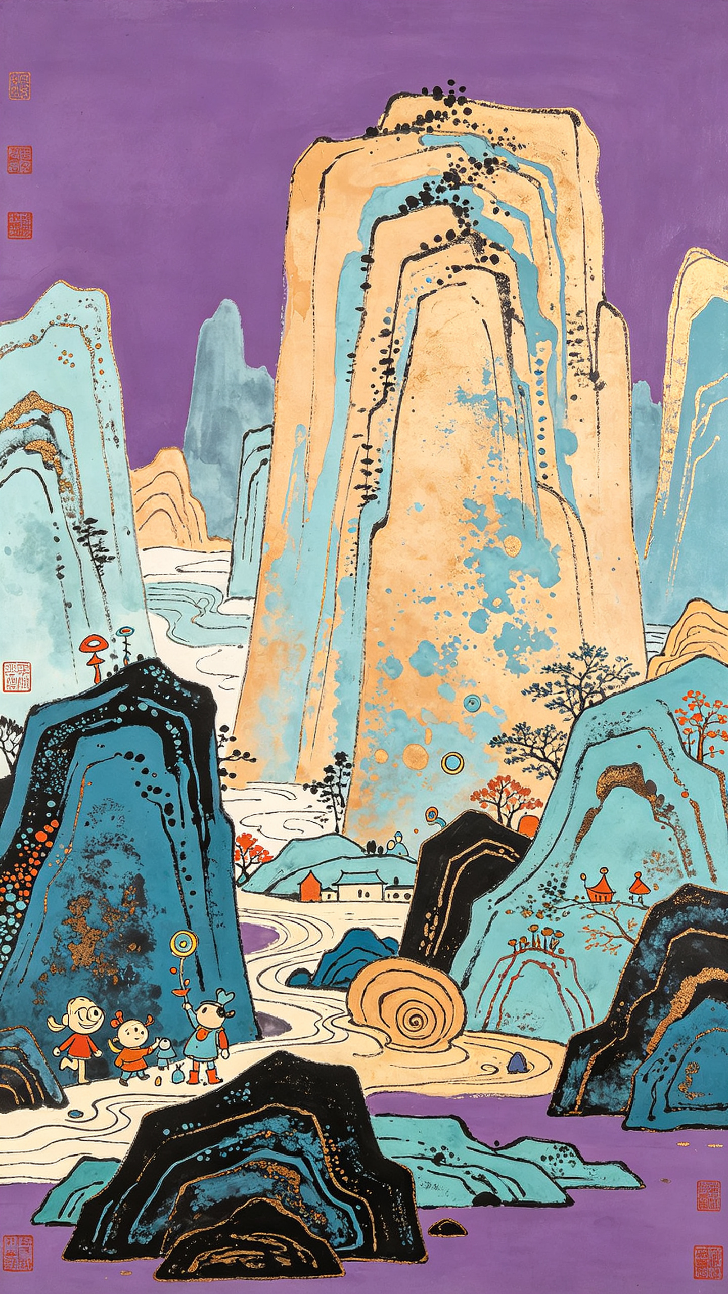 新水墨流派大师杰作，中西融合水墨山水，极简主义，陈家泠 的风格，中国色彩互补配色：淡霁青+浅琥珀色，抽象中式山水艺术，纯粹的视觉游戏，大色块大写意塑形，点缀少量工笔写实细节生动鲜活，让人感受到线条流动的律动质感，明亮巨… - AI提示词参考图，来自西西提示词