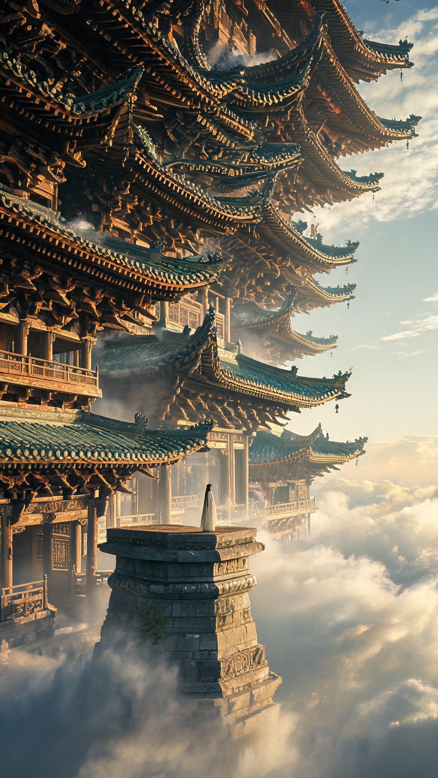 大师级宽画幅电影镜头，低角度仰拍悬空于云海之上的宋代古寺，身着素色宋制褙子的美人渺小如点，站在巨型石塔基座边缘，层层叠叠的飞檐从画面顶部向下挤压，云雾在梁柱间缓慢翻涌，暖金夕阳斜扫过古建琉璃瓦，胶片复古色调，极致纵深感… - AI提示词参考图，来自西西提示词