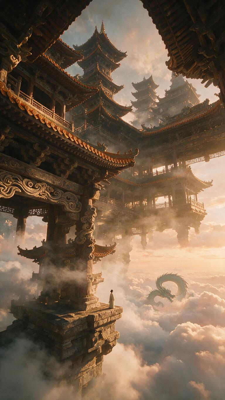 大师级宽画幅电影镜头,低角度仰拍悬空于云海之上的宋代古寺,身着素色宋制褙子的美人渺小如点,站在巨型石塔基座边缘,层层叠叠的飞檐从画面顶部向下挤压,云雾在梁柱间缓慢翻涌,远处模糊的青龙盘悬于云舞间,暖金夕阳斜扫过古建琉璃… - AI提示词参考图,来自西西提示词