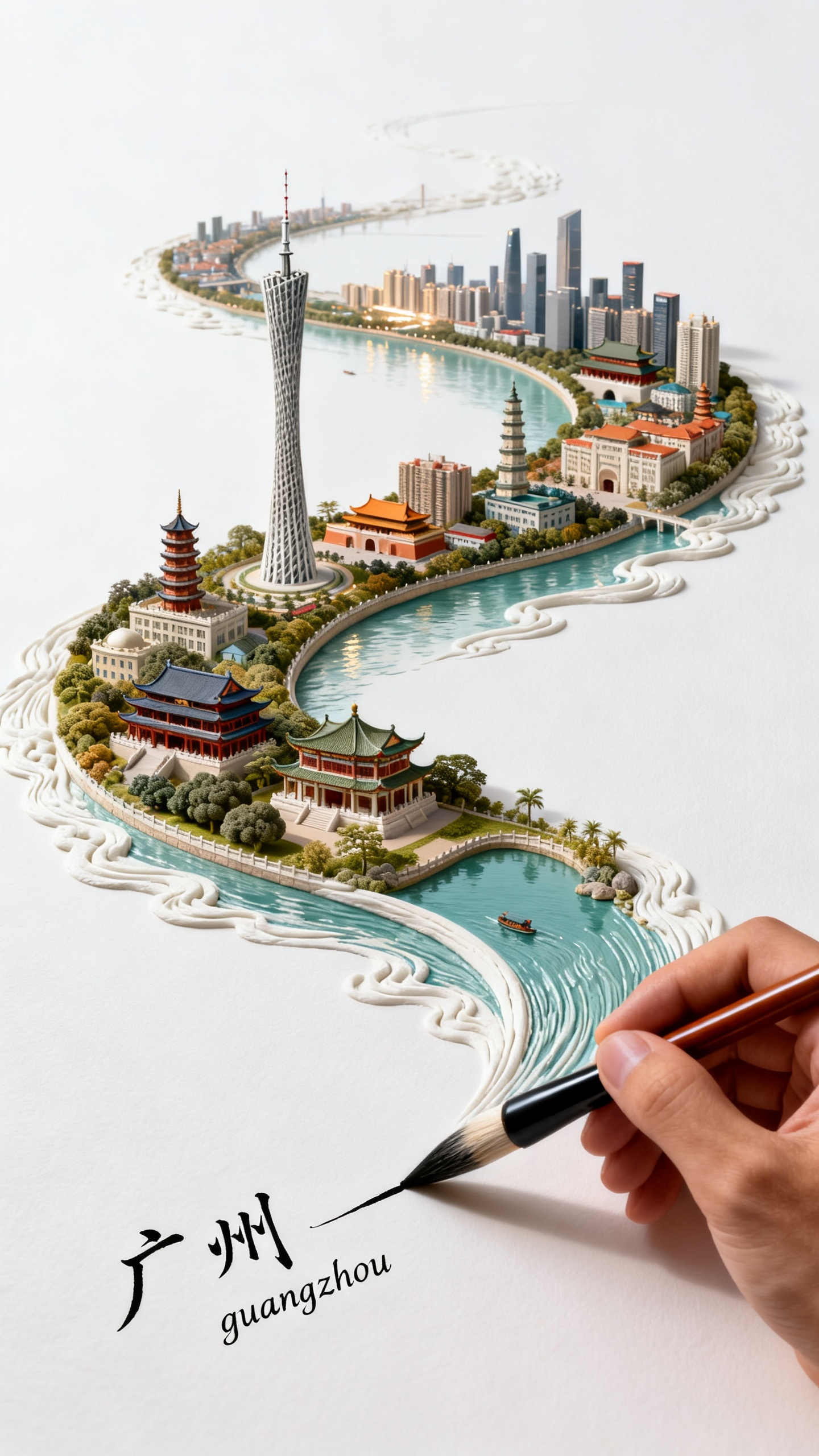 一支正在绘画的毛笔，描摹出一条由左下到右上的笔迹曲线，笔迹里是微观的中国广州地标性景观，珠江两岸烟波浩渺，从广州塔、中山纪念堂、沙面公园、五羊公园、团一大纪念馆、广州博物馆、正佳、广州动物园等园区CBD，湖与阳光洒满城… - AI提示词参考图，来自西西提示词