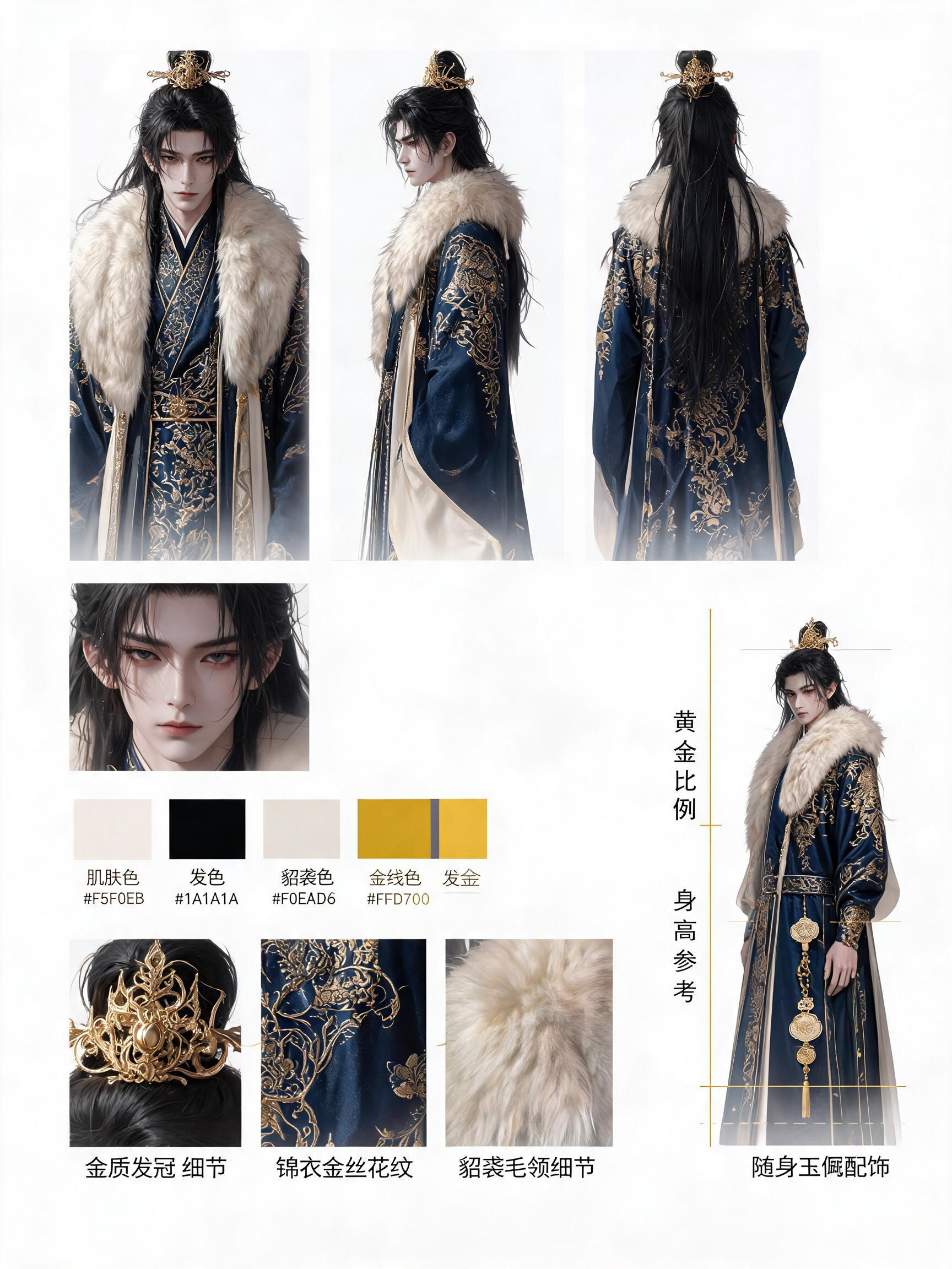 人物形象提示词：（三视图） 1.主视觉区 (上方)以 "正面 + 侧面 + 背面" 三个核心视角为主体，直观呈现角色的整体身形、服饰搭配和标志性特征，是制作人员对人物 "整体造型" 的参考基础。 2.补充信息区 (左侧… - AI提示词参考图，来自西西提示词