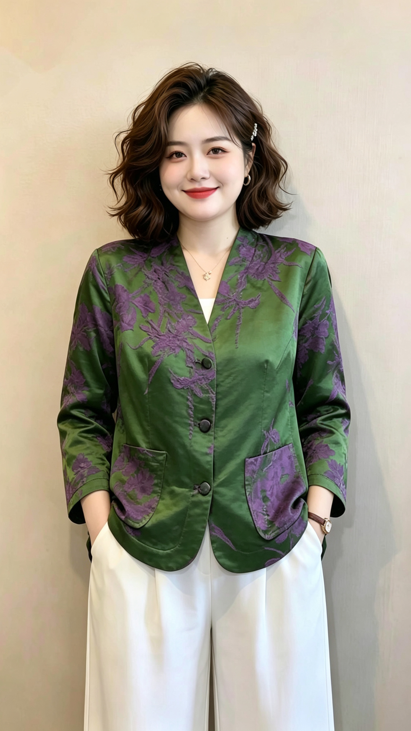 ####把图二衣服穿到图一模特身上。搭配白色阔腿裤，双手插口袋，保持图一体型不变。衣服自然垂直，衣服自然垂直， - AI提示词参考图，来自西西提示词