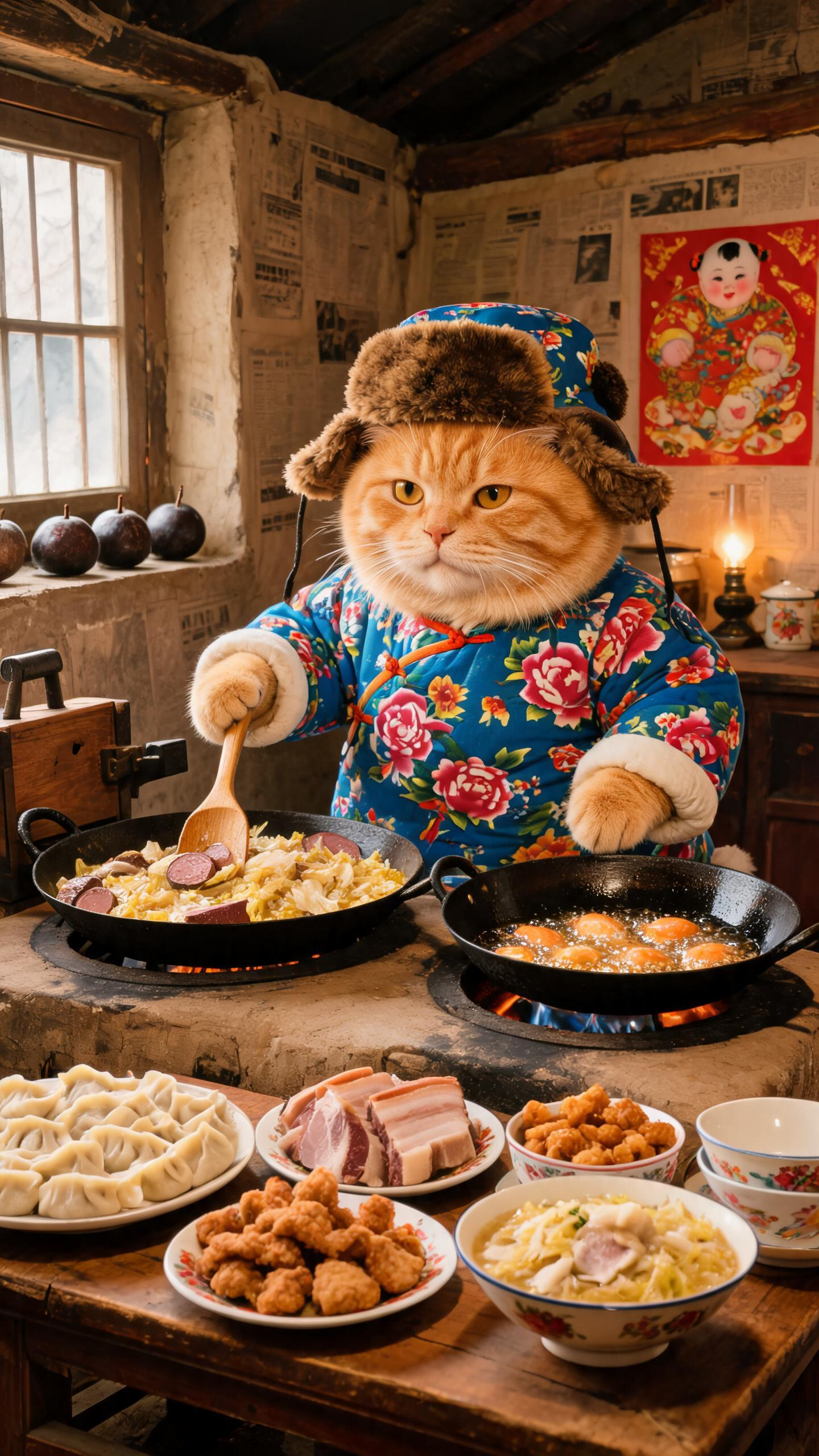 70年代，东北乡村，快过年了，一个大胖橘猫咪拟人化的在厨房炸三鲜，正在做杀猪烩菜等，桌上摆满了诱人的食物。东北菜系，有饺子，猪肉 - AI提示词参考图，来自西西提示词