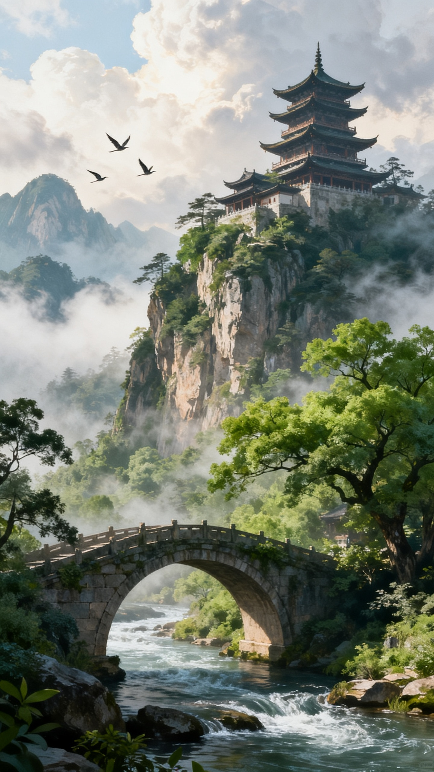 A traditional Chinese mountain village with ancient pagoda-style buildings perched on a cliff, a stone arch b… - AI提示词参考图，来自西西提示词