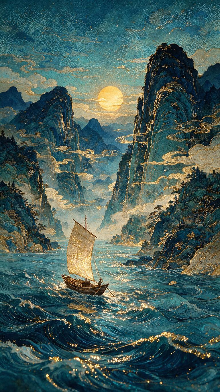 风格，有中国传统色彩对比色互补色碰撞冷色调和漆画鎏金工艺与色调，多重曝光，欠曝， 极繁主义，神秘感，大师级别构图，细节完美，获奖作品，故事性，叙事，丝网印刷的点绘效果渐变 。两岸青山相对出，孤帆一片日边来。细节刻画，明… - AI提示词参考图，来自西西提示词