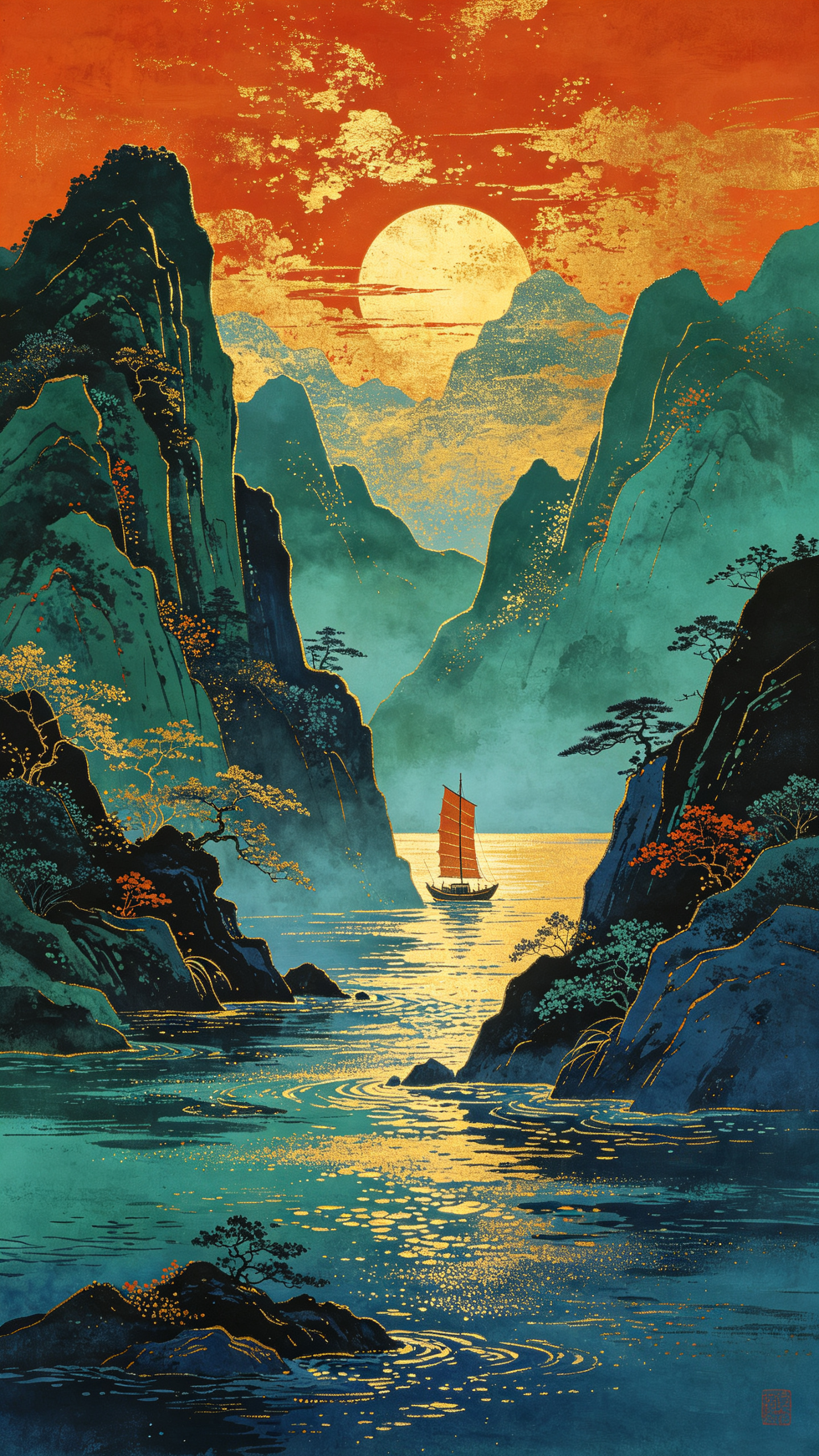 风格，有中国传统色彩，橘红，松石绿，酞青蓝，金色互补色碰撞，画风冷色调，漆画鎏金工艺，多重曝光，欠曝， 极繁主义，神秘感，大师级别构图，细节完美，获奖作品，故事性，叙事，丝网印刷的点绘效果渐变 。两岸青山相对出，孤帆一… - AI提示词参考图，来自西西提示词