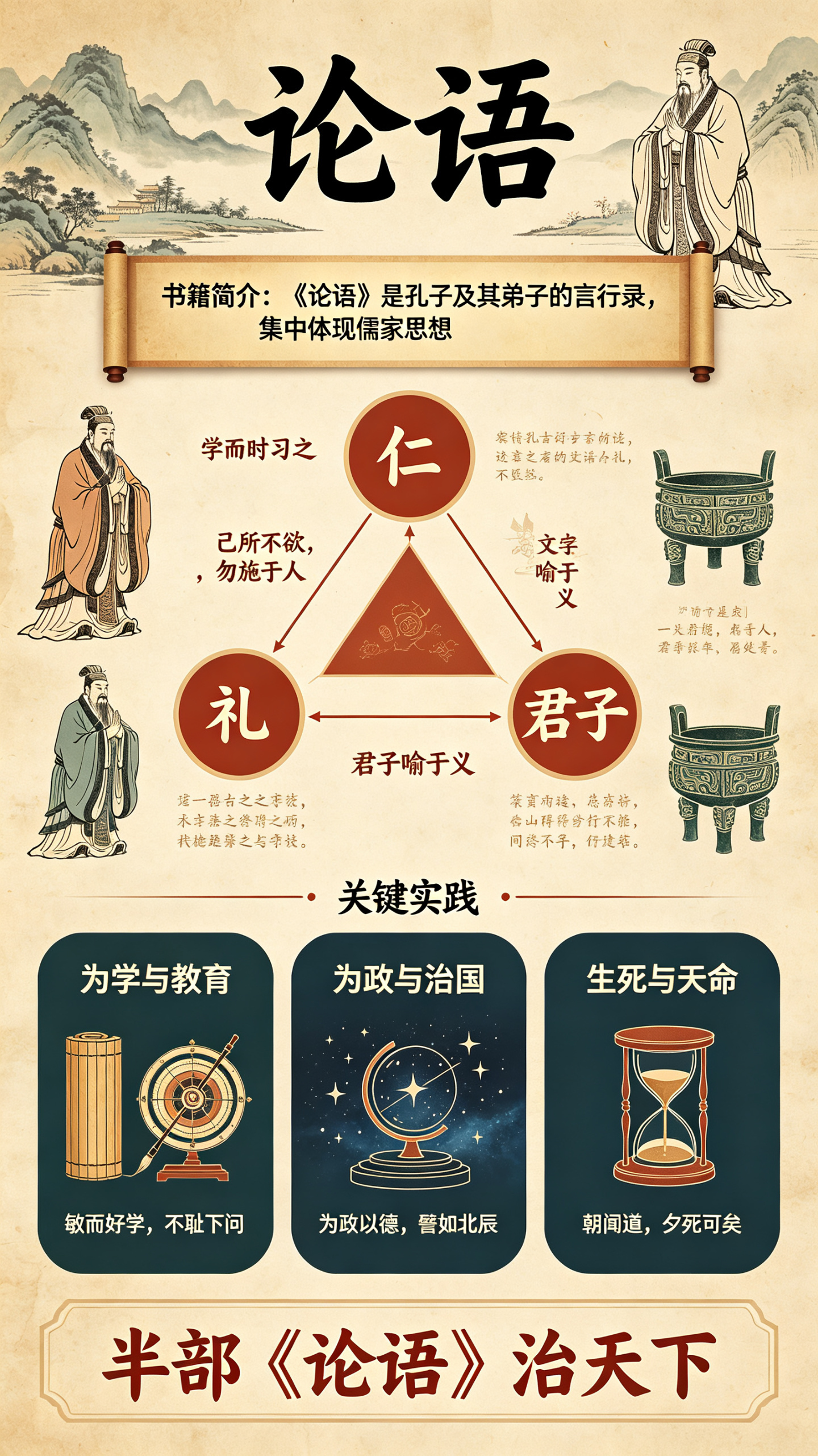 竖版国风传统文化科普思维导图海报,全景构图,泛黄复古宣纸纹理背景,顶部大号书法标题《论语》,配有古风山水、古代儒者人物线描插画,上方卷轴样式板块书写书籍简介文字,中部核心思想体系板块由仁、礼、君子三个圆形节点搭配三角连… - AI提示词参考图,来自西西提示词