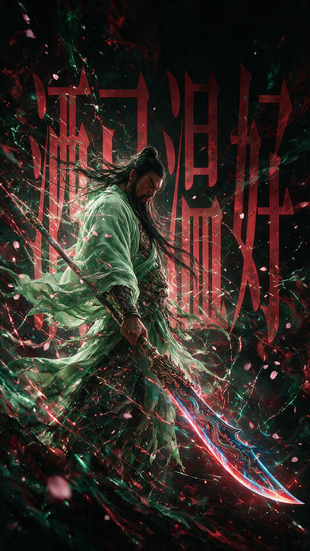 暗黑幻想风，一名孤独的末世武圣关羽位于画面中央偏左，黑色长发与五绺长髯凌乱飞舞，面如重枣，卧蚕眉紧锁，丹凤眼微眯，低头侧身，神情冷漠压抑、不怒自威，穿着宽大破碎的浅绿色轻纱长袍，袍下隐约露出残破的兽面吞头连环铠甲，衣摆… - AI提示词参考图，来自西西提示词