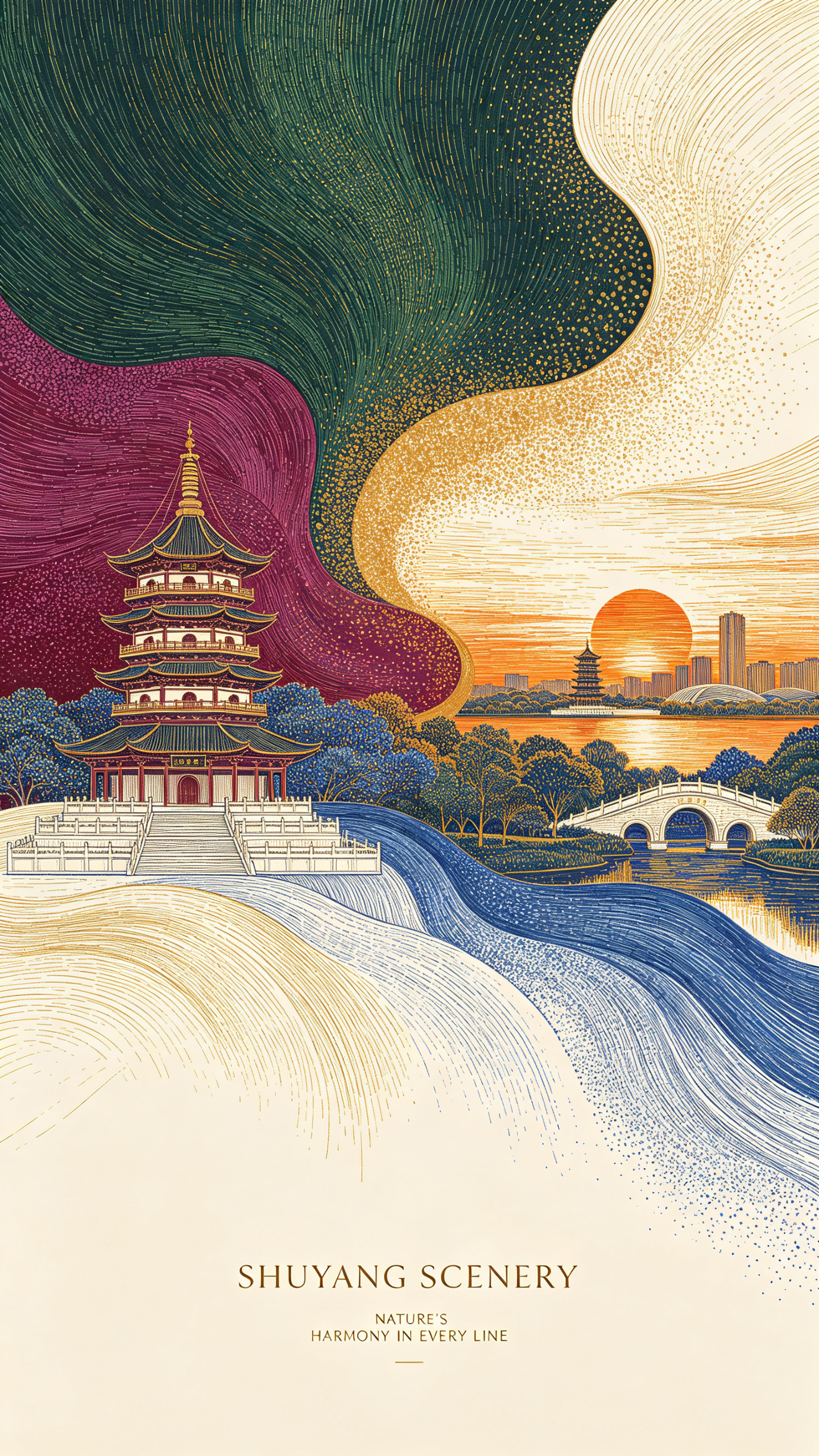 极繁主义插图，沉稳高级，由几个关键元素构成强烈视觉焦点。由高饱和高对比配色，墨绿、紫红、橙金、天蓝与象牙白碰撞色色调线条，构成钢笔画，（点线技法）极度精细地描绘出沭阳风景，极高夕照圆觉禅林与虞姬公园相映。极简高级形态，… - AI prompt reference from CC Prompt Galaxy