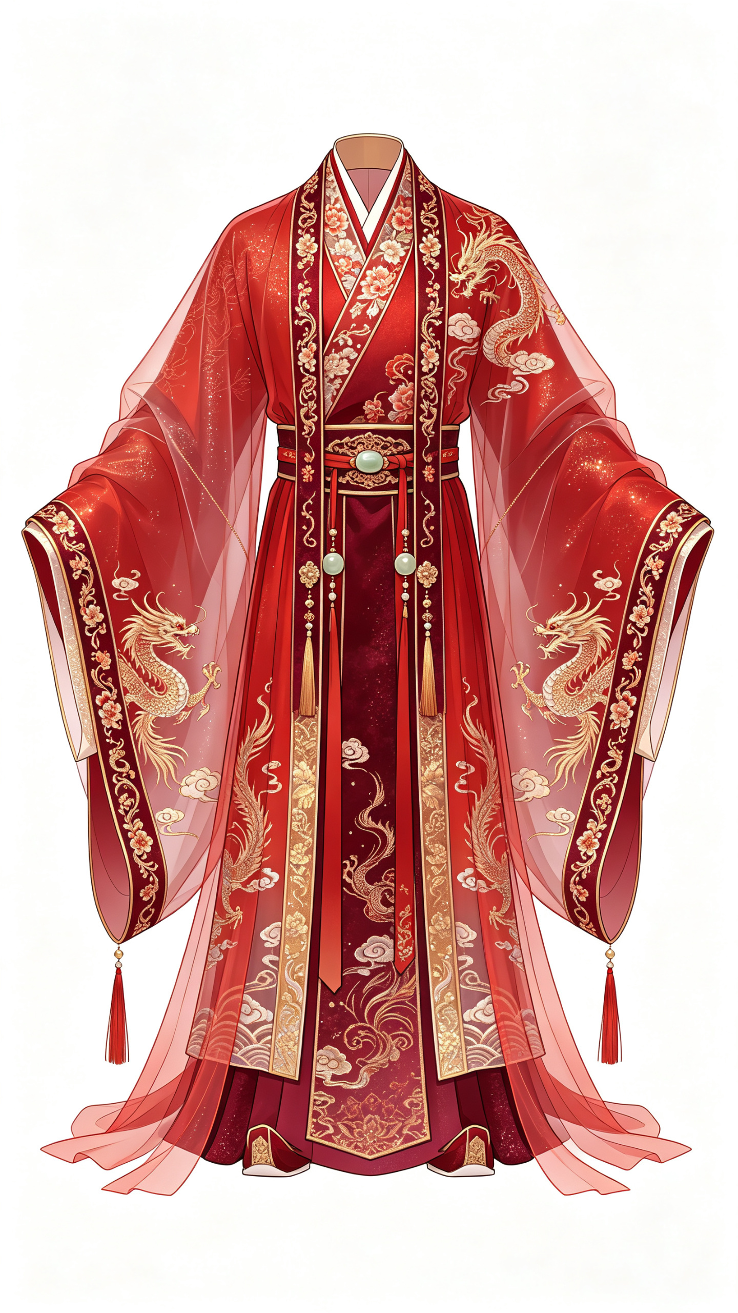 精致简约线性插画，平视视角，仅男款红色婚服服饰本体平铺展示，纯白干净背景，无人物、无人体、无躯干轮廓、无五官、无任何人形元素；男款大袖衫为半透欧根纱质地，自带细腻暗纹与细纹，袖口点缀暗金边饰，通透纱质隐约露出内搭花纹中… - AI提示词参考图，来自西西提示词