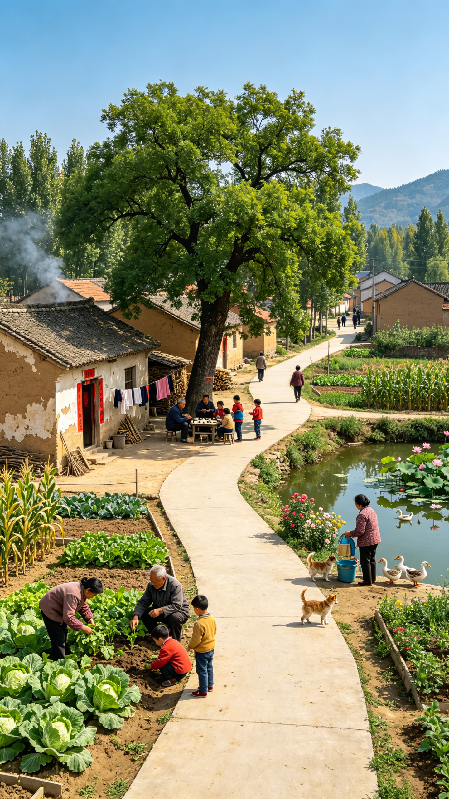70年代中国农村，蜿蜒的乡村水泥步道，两侧是规整的菜园（种着大白菜、玉米等作物）；步道旁的土坯房（墙面斑驳、红门贴春联，门口晾晒衣物）前，菜园边大人带着孩童打理蔬菜，远处还有散步的村民，一颗大槐树下 有几个老头在下棋，… - AI提示词参考图，来自西西提示词