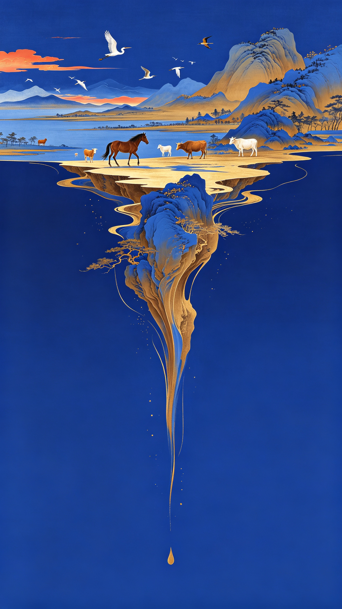 现代数字艺术画作；抖动的千里江山图，细腻的品质感；自然流淌的姿态，视觉焦点聚焦于画面中心，抽象表现的立体千里江山，超现实，极致的清晰度与画面细节，简约主义，画面通透且具有呼吸感；克莱因与金棕色；大量留白二图纳入融合混剪… - AI提示词参考图，来自西西提示词