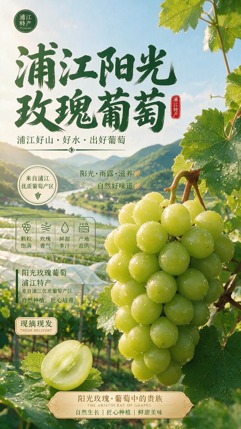 帮我做一张浦江阳光玫瑰葡萄的海报，葡萄颗粒饱满，新鲜。要求有果园。 - AI prompt reference from CC Prompt Galaxy