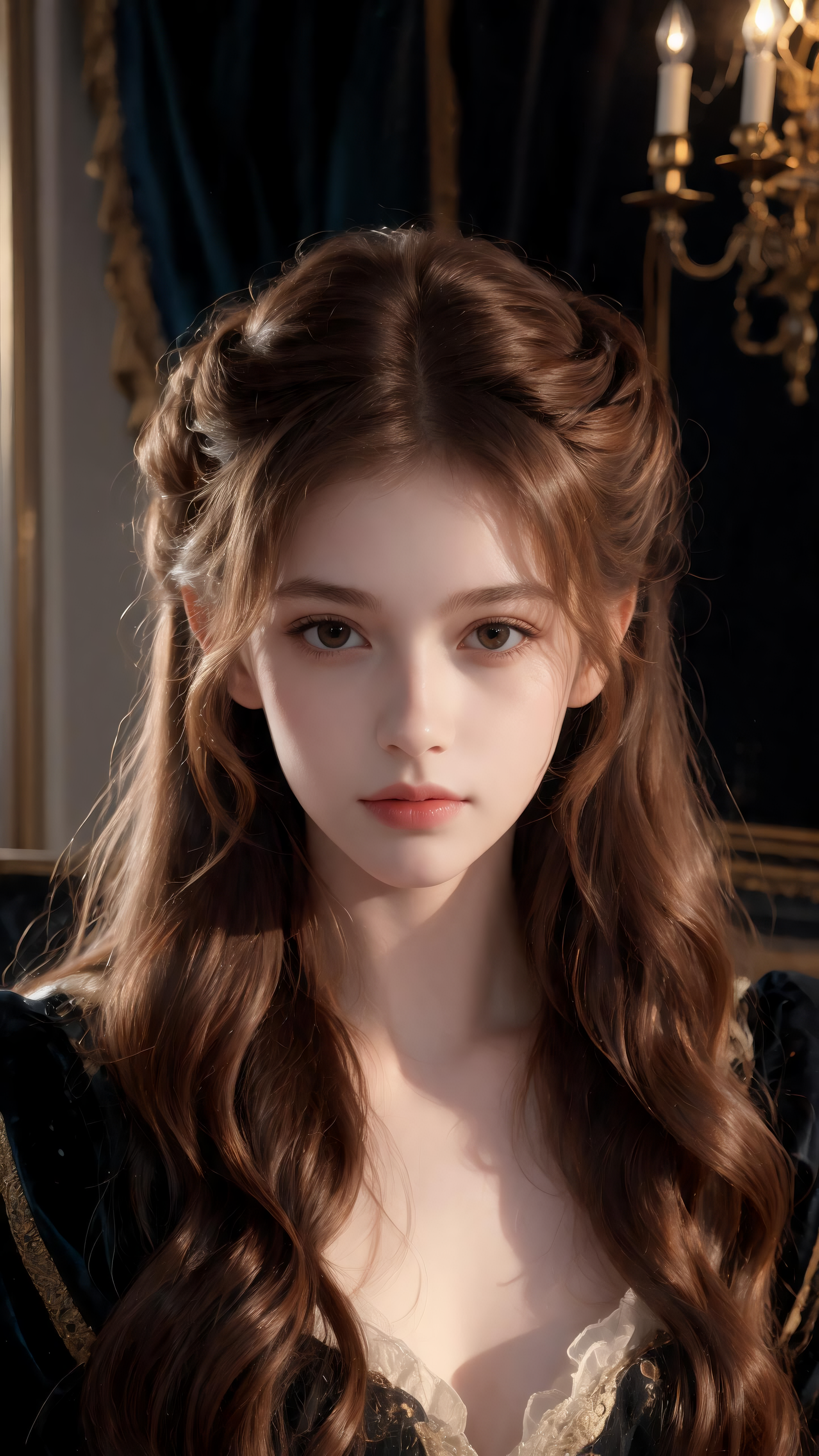 最高画质,杰作,8K,超高清,细节丰富,18岁欧洲贵族少女,绝美精致脸庞,冷白皮,优雅气质,精致五官,板栗色长卷发,复古发型,油画质感,电影级光影,伦勃朗光,写实人像,高级感,细腻肌肤,细节拉满,质感细腻,光影绝美,构… - AI提示词参考图,来自西西提示词