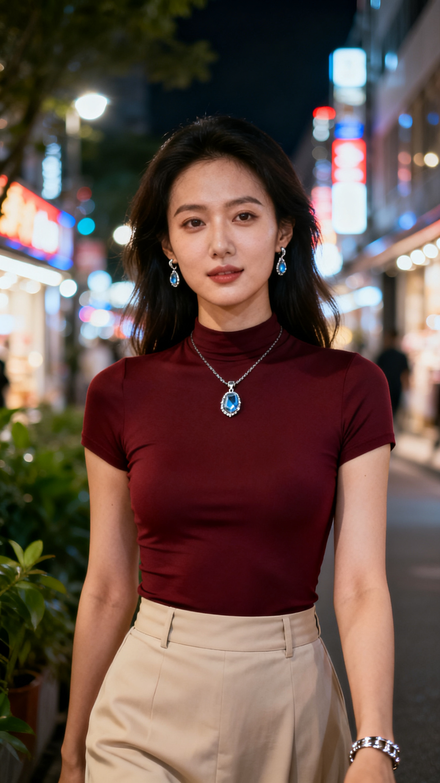 超写实真人商业人像，东方女性，体态匀称优雅，正面半身近景，酒红色修身紧身短袖，米色高腰半身长裙，浅蓝宝石吊坠银饰耳环、银手镯，五官柔和精致，皮肤通透细腻，温婉松弛神态；夜晚繁华商业街，虚化霓虹光斑、街边绿植，朦胧散景灯… - AI提示词参考图，来自西西提示词