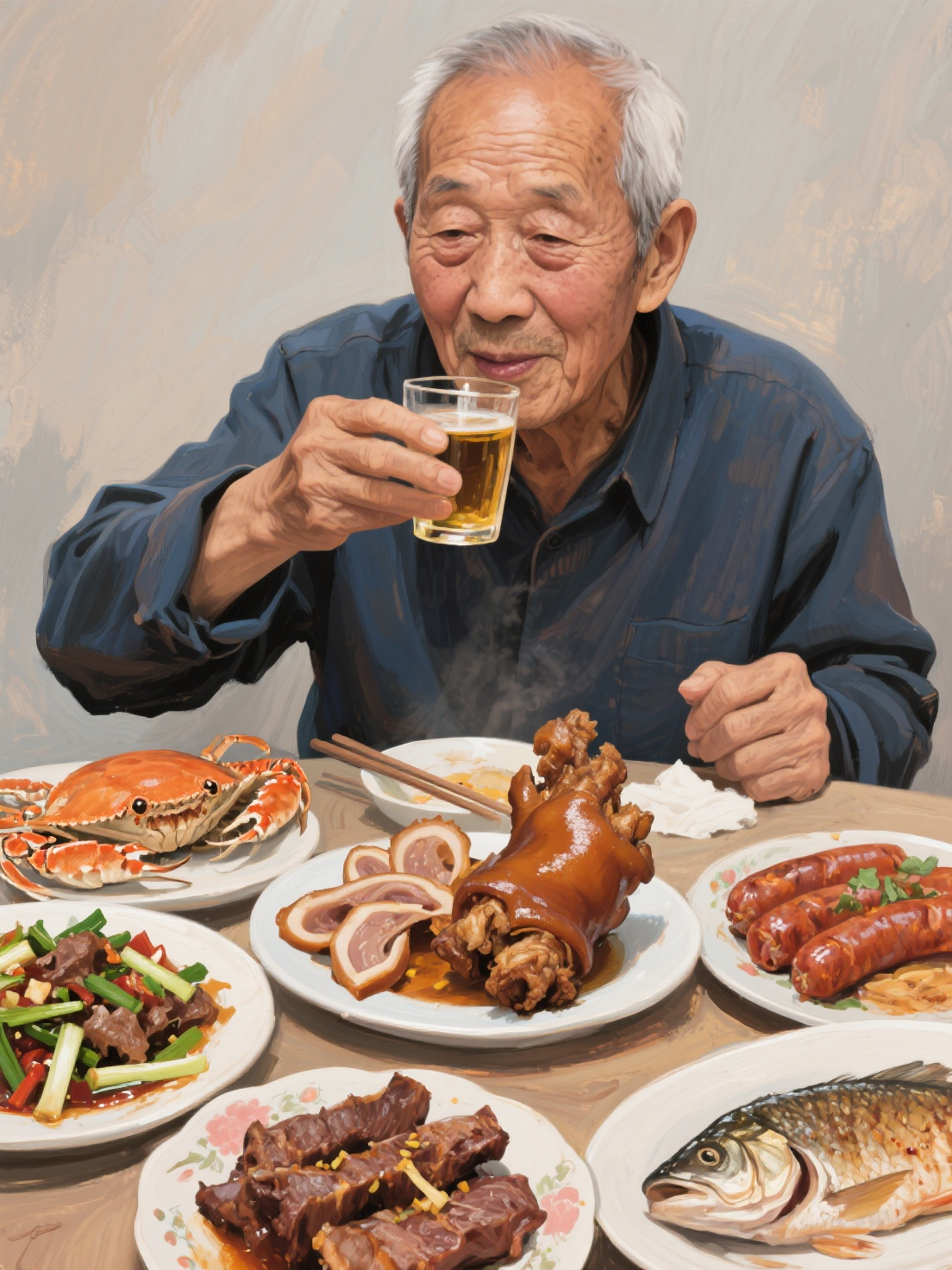厚涂见笔触：一位68岁喝酒吃着卤味猪蹄肉，凉拌猪耳朵，螃蟹，羊肉炒葱，烤肉，肉肠，鱼喝着酒品味人生。 - AI prompt reference from CC Prompt Galaxy