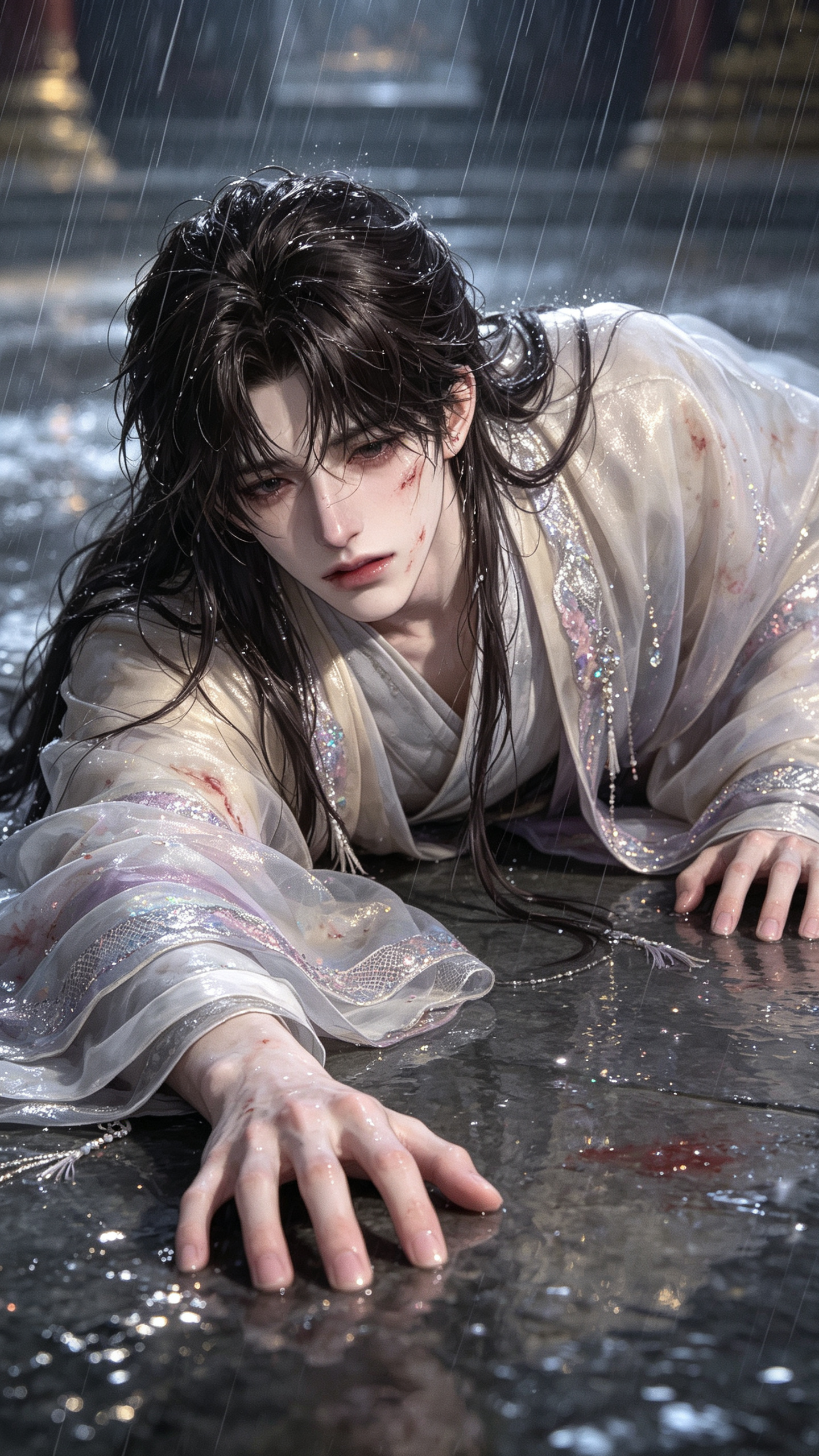 ##古风男，深色长发凌乱。身穿浅色纱织汉服，脸上身上带伤，雨幕中趴于华丽宫殿外湿冷地面。一只手竭力伸向前方，神情忧郁委屈。观者俯瞰视角。 3D厚涂，二次元拟真风格。手绘印象派国风漫画，新工笔与赛璐珞平涂融合，洛可可厚涂… - AI提示词参考图，来自西西提示词