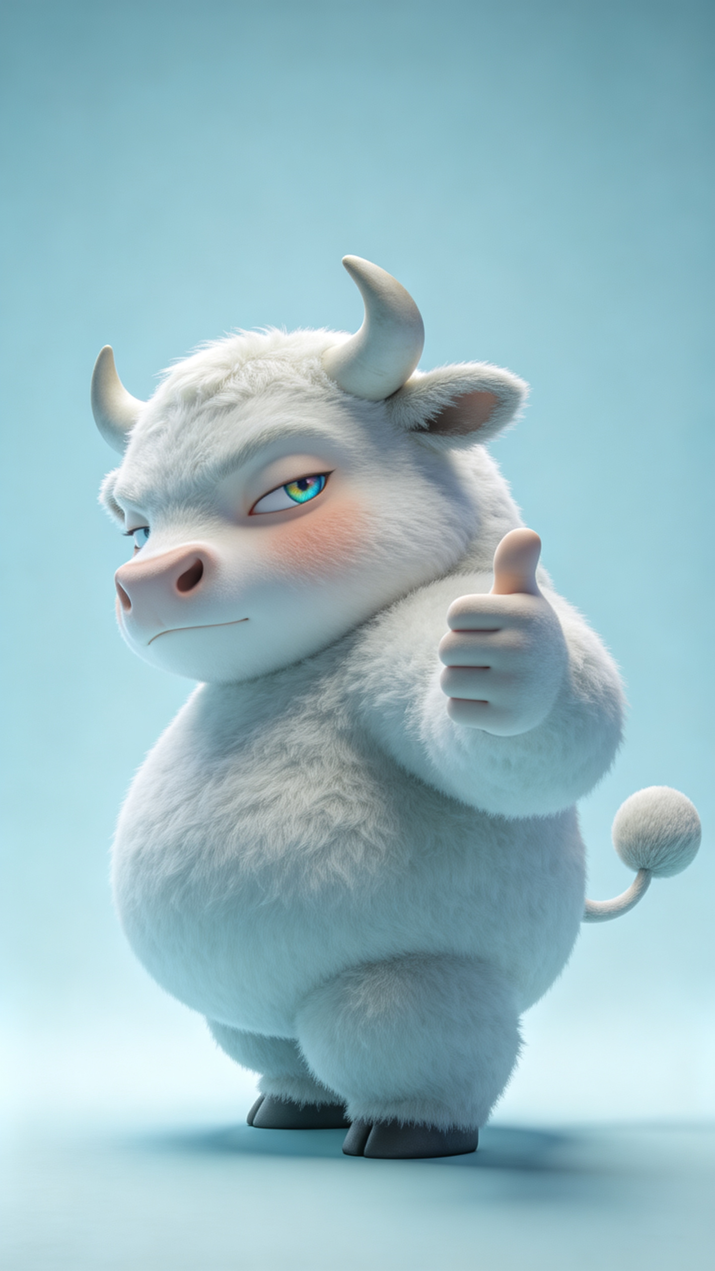 全身构图，3D插画，幻境漫游系列盲盒风格，Q萌幼态牛IP，硕大圆润胖嘟嘟体态，软萌灵动兼具街头涂鸦叛逆感，极简艺术质感；头微歪+侧身扭头，拽酷傲娇表情，渐变虹膜下垂眼，单眼半眯单眼瞪大直视镜头，精致软糯脸颊细节，幼崽懵… - AI prompt reference from CC Prompt Galaxy