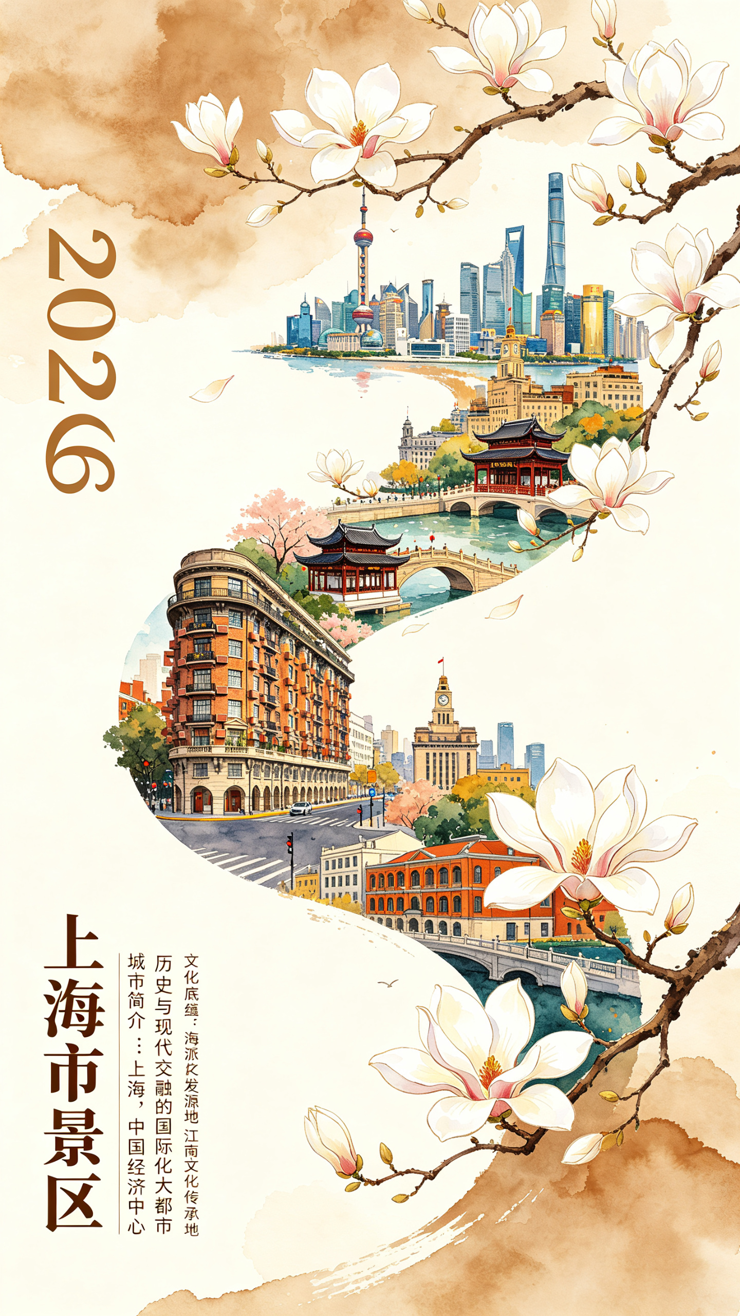 2026中国城市系列宣传海报，水彩风格，极具视觉冲击，主题为上海。现代、多彩、明亮通透的国潮风，竖版9:16。大面积浅棕赭色水彩极度晕染纹理留白背景，从右下向左白玉兰的花瓣与枝桠连在一起形成S型主构图，完整流畅的，视觉… - AI提示词参考图，来自西西提示词