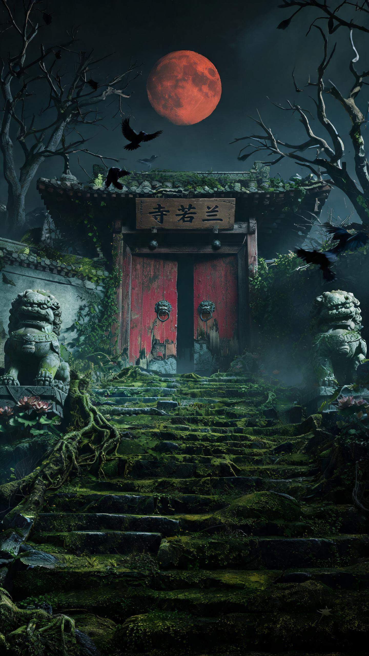 古寺巍峨山门倾颓矗立，巨幅石阶覆满幽绿苔藓，台阶残破，老树根盘根错节。两道朽烂朱漆寺门半开，兽首门环，雾气弥漫。夜空血月笼罩，大门上残破牌匾刻着“寺若兰”，枯树虬枝如爪影横斜。门口两侧一对破损残缺的石狮子，石缝间蔓延藤… - AI提示词参考图，来自西西提示词