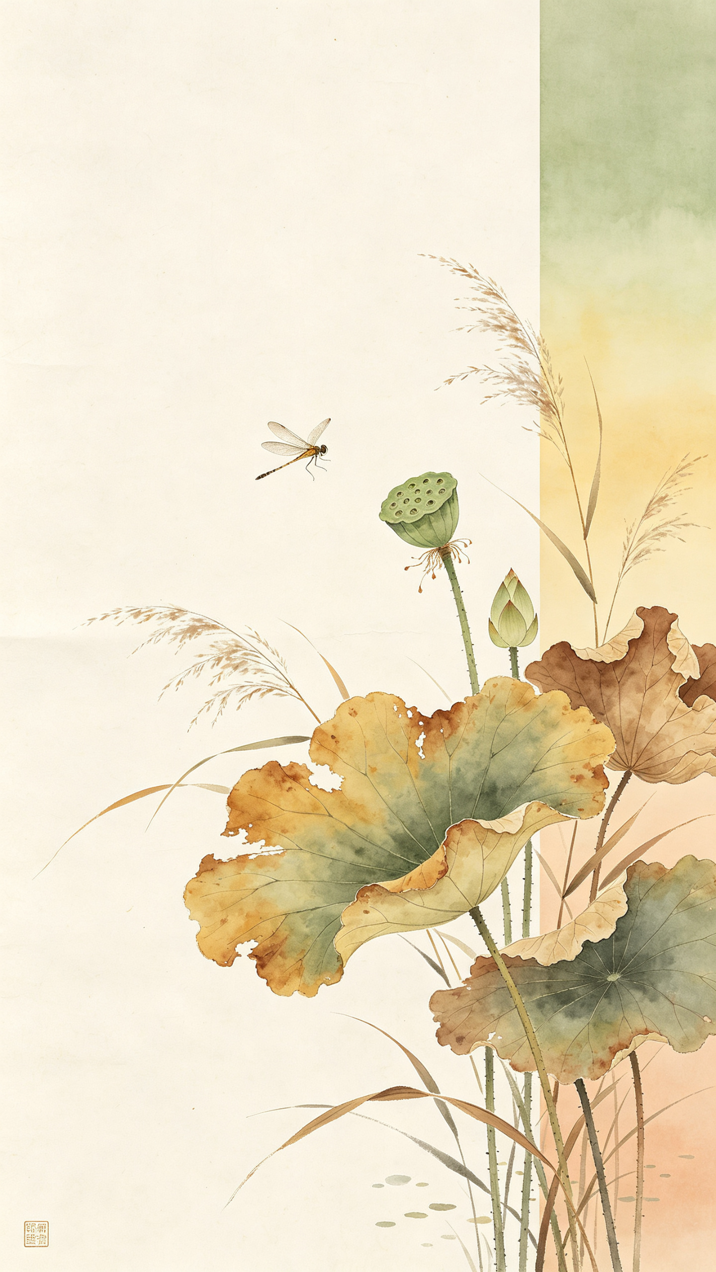 竖版9:16，二十四节气处暑主题商业海报，新中式淡彩水墨水彩画， 画面主体：泛黄残损的秋天荷叶，干枯卷边荷叶，绿色莲蓬，荷花花苞，随风摇曳的芦苇荻草，一只蜻蜓在空中飞舞，荷塘秋景植物， 构图：中式留白构图，画面左侧大面… - AI提示词参考图，来自西西提示词