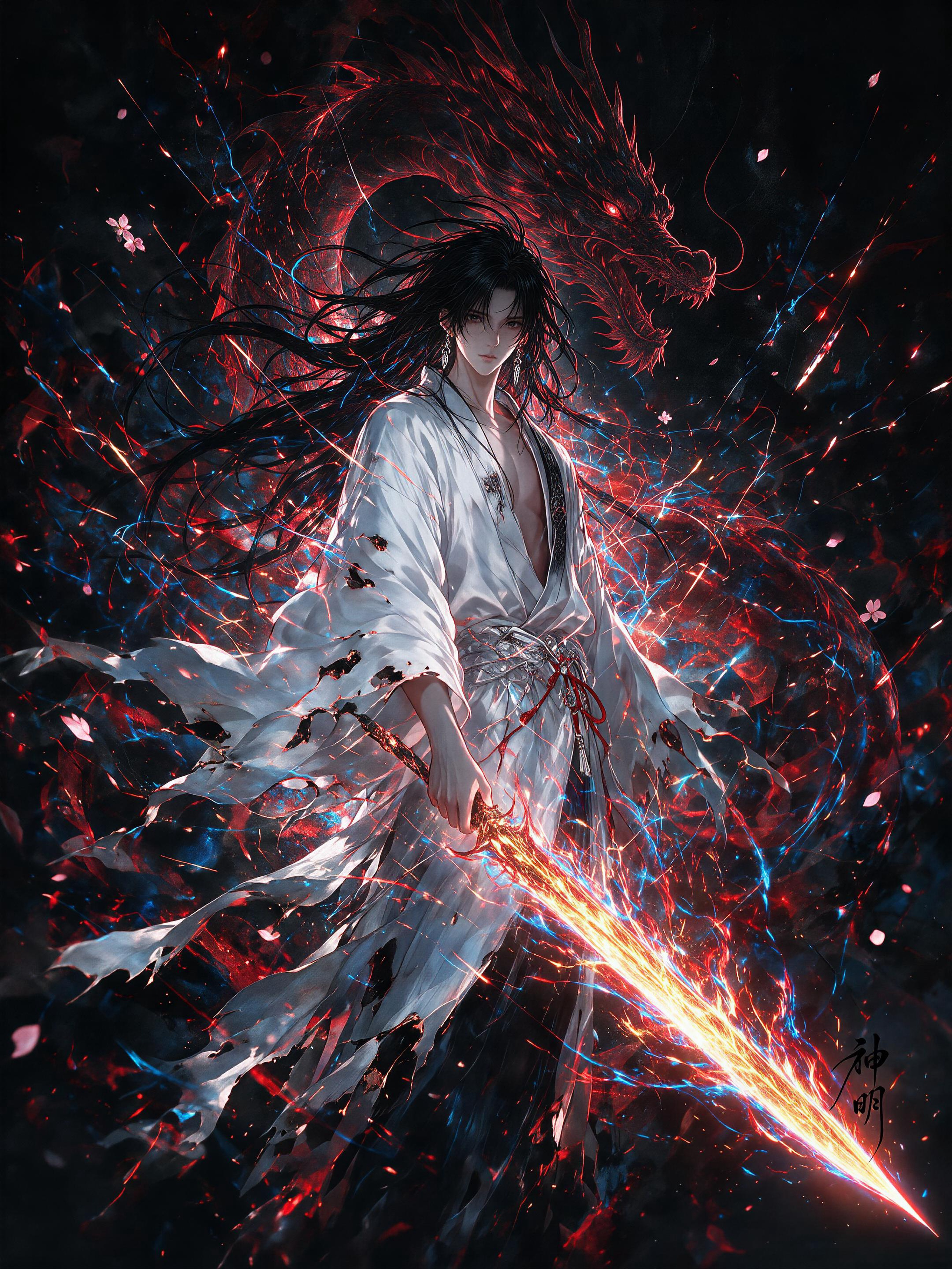 横版构图，暗黑幻想风，一名图一人物位于画面中央偏左，黑色长发凌乱飞舞，正身平视前方，神情冷漠压抑，穿着宽大破碎的白色长袍，衣摆与袖袍在狂风与能量中大幅飘动。单手握住一支冥炎构成的剑，刀身发出强烈的金银双色霓虹光芒，刀锋… - AI提示词参考图，来自西西提示词