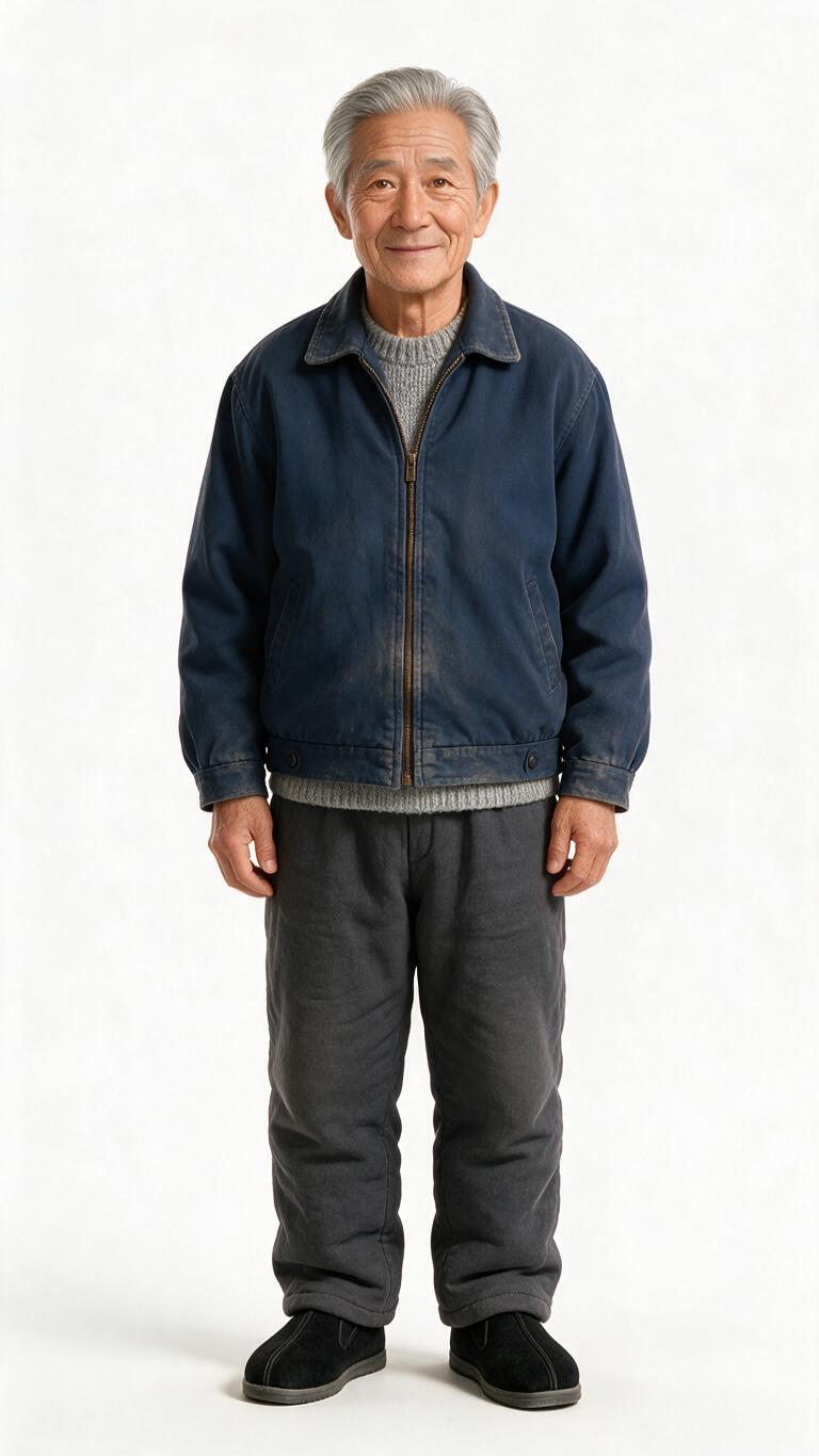 形象描述：70岁左右男性，身高170cm，灰白色短头发，浅棕色眼眸，额头眼角布满皱纹，面容朴实沧桑。性格温和朴实。上身藏蓝色旧夹克外套，内搭浅灰色厚毛衣，下身深灰色加厚棉裤，脚穿黑色老式棉布鞋。正面站立全身，纯白背景，… - AI提示词参考图，来自西西提示词