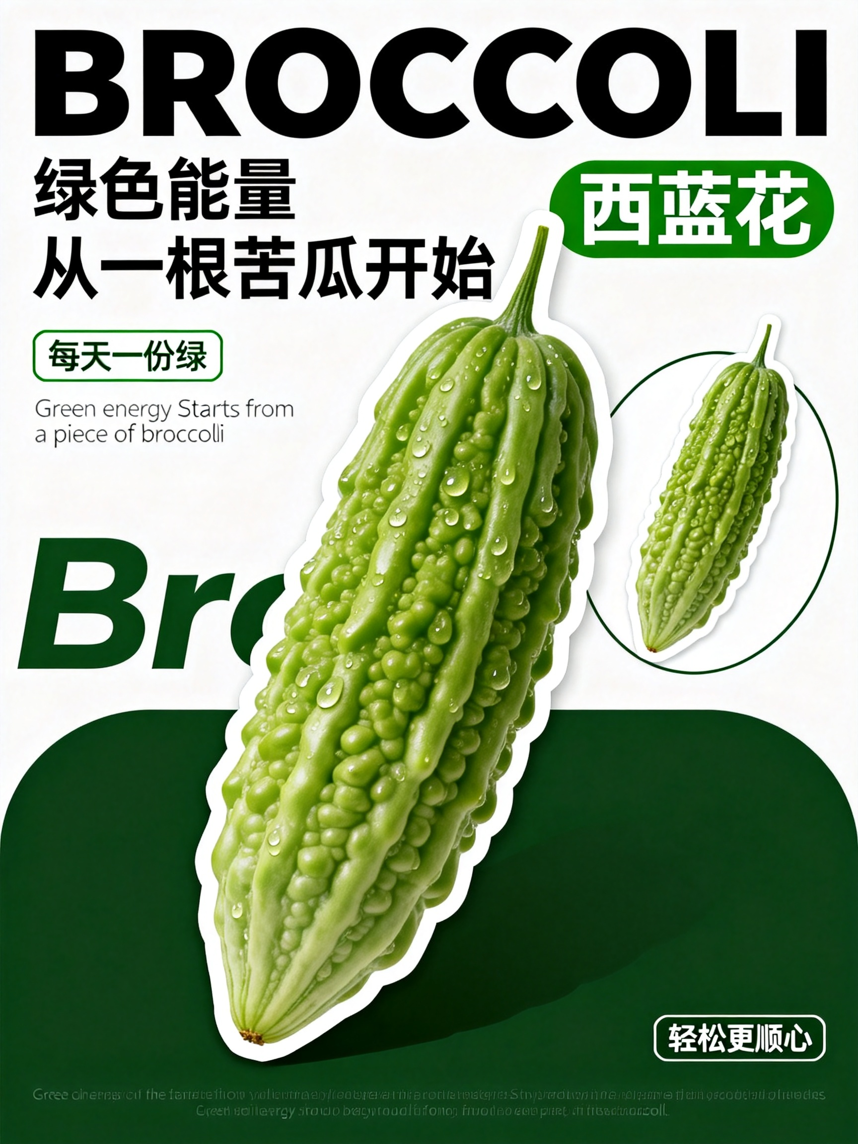 简约生鲜蔬菜海报，纯白 + 深绿色撞色背景，ins 清新美食平面设计，2 颗新鲜带水珠的苦瓜，白色描边贴纸抠图效果，一颗大苦瓜居中前景，一颗小苦瓜放在右侧白色圆形边框内； 顶部粗黑体英文大写 BROCCOLI，大字中文… - AI提示词参考图，来自西西提示词