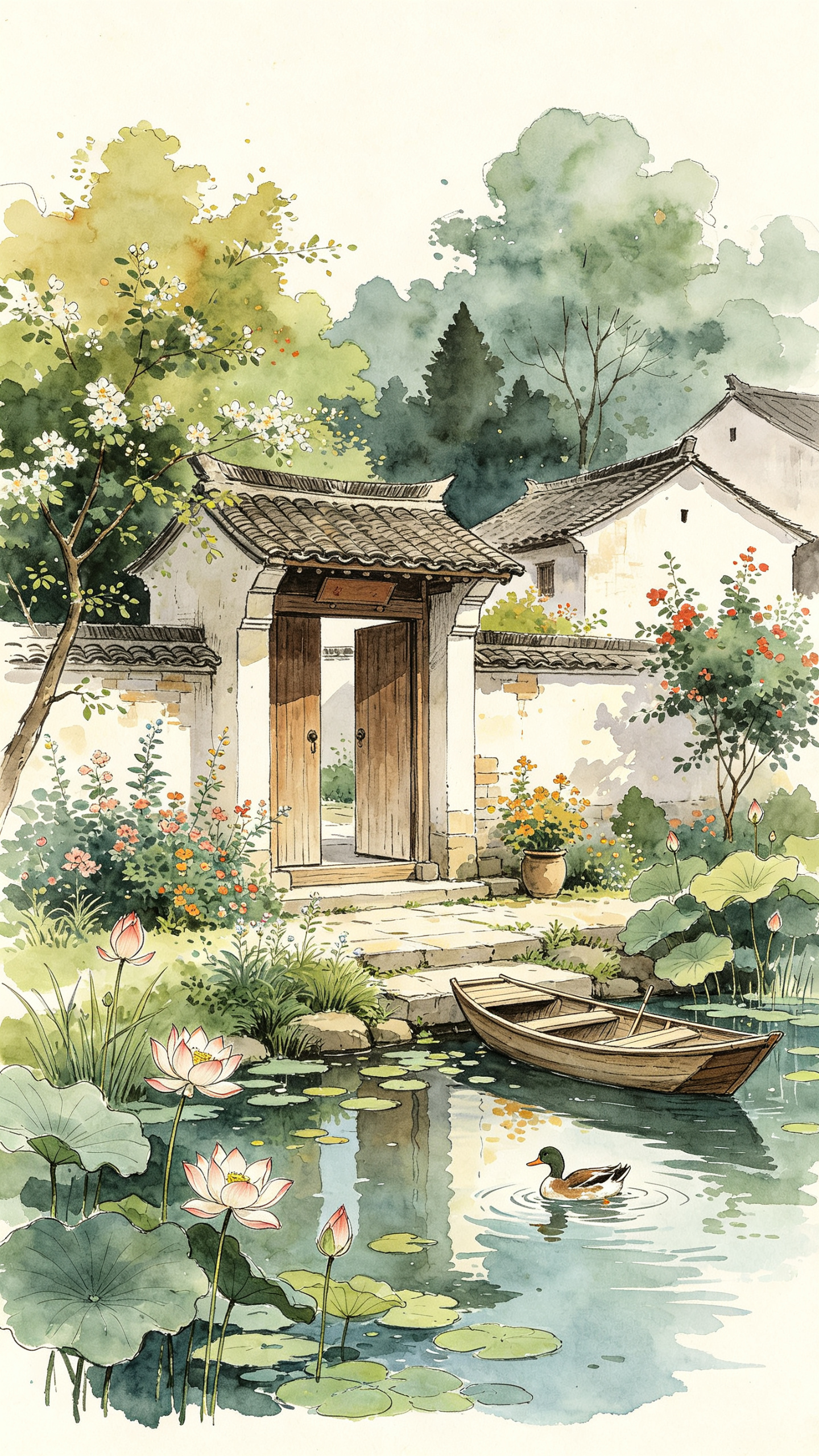 线描钢笔插画，细腻质感唯美意境，笔触清晰，浓淡相宜，矿物色染，大面积水彩晕染.不同色阶云集，花草树木，小村落，门前有池塘，有鸭子、荷花 、小船，极简风格，亦真亦幻，不规则构图，大师杰作. 64K极致细节细腻的超高清无损… - AI提示词参考图，来自西西提示词