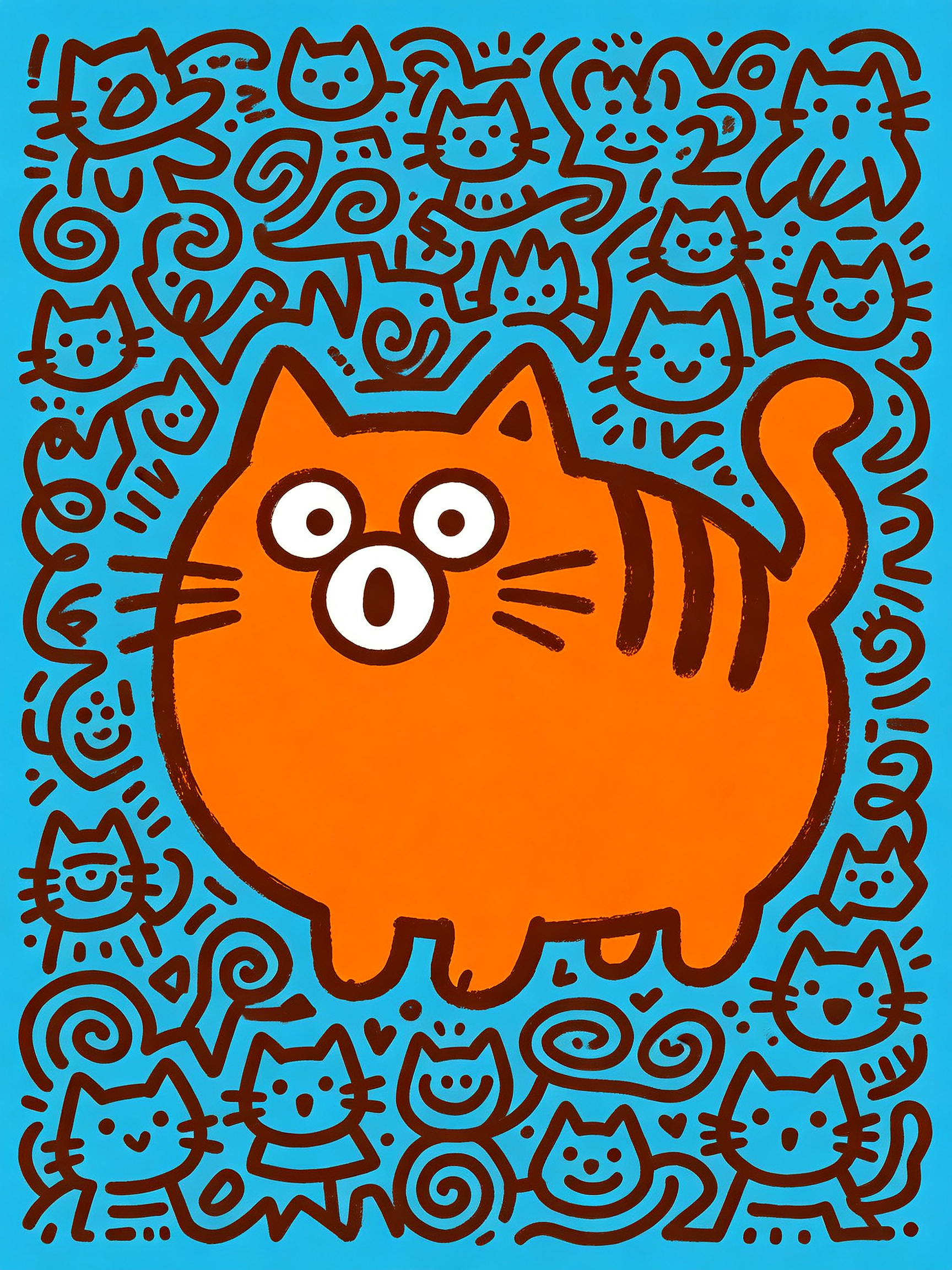 Mr Doodle（Sam Cox）疯狂涂鸦风格，主体是荧光橙色肥猫，背上有三条棕色毛，五官比例夸张不协调，瞪大白色圆眼，漂亮的猫眼，大大白色圆形嘴巴，表情呆萌惊讶，莱克茵蓝色背景上覆盖满Mr Doodle标志性密集疯… - AI提示词参考图，来自西西提示词