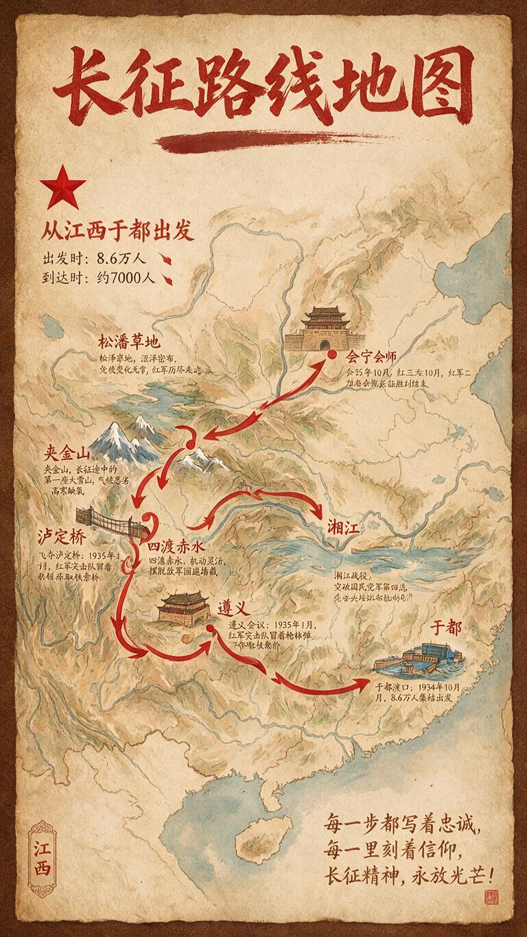 生成长征路线地图:于都(出发地)→湘江→遵义→赤水→泸定桥→夹金山→松潘草地→会宁 事件:每个地点配1一2句说明(如"于都渡口:1934年10月,8.6万人集结出发) 江西元素:用红五角星标注:出发8.6万人到达约70… - AI提示词参考图,来自西西提示词