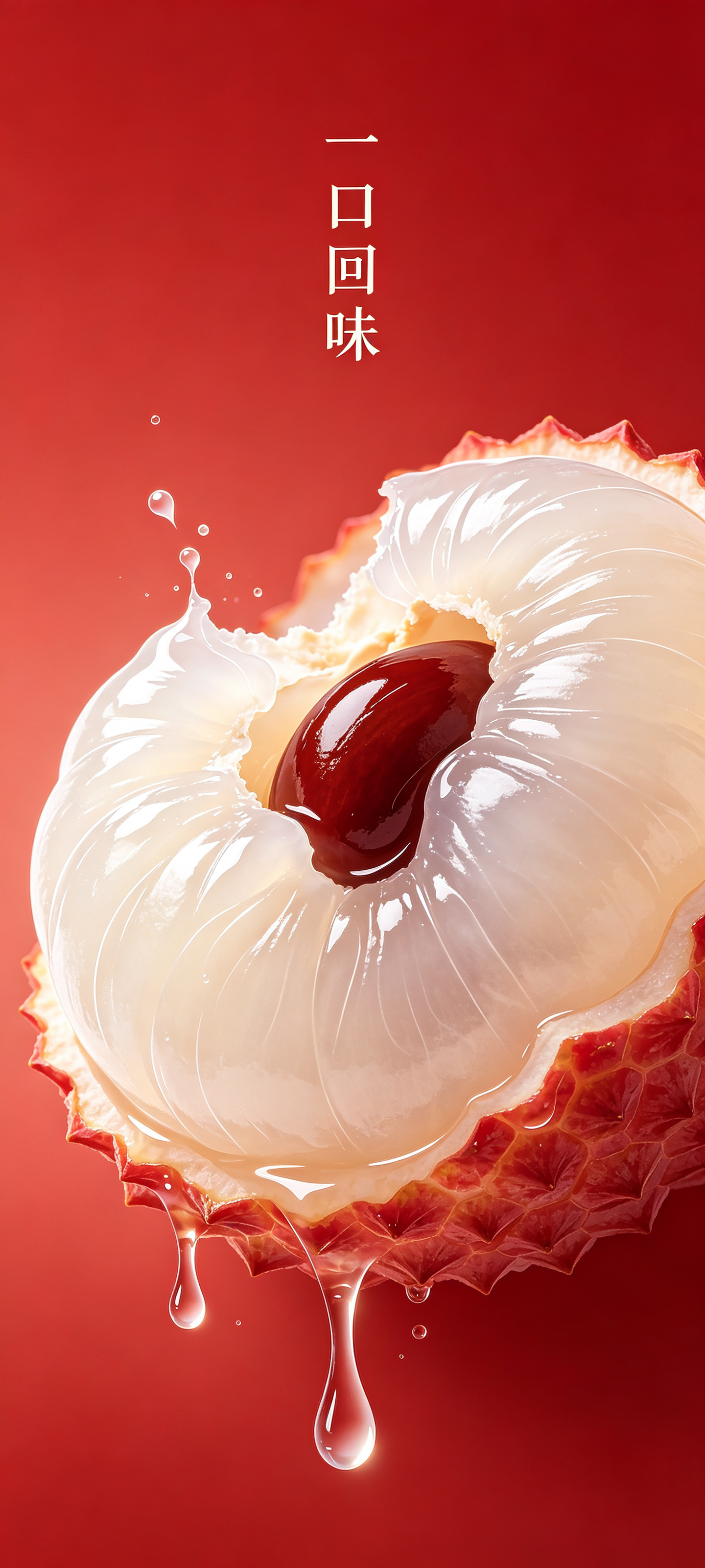 抽象线条插画，以被咬了一口的乳白色的荔枝肉为主视觉元素，果肉以及核纹理清晰，富有韵律和晶莹感汁水丰富，顺着荔枝被咬掉的边缘有汁水飞溅和滴落，荔枝纹理边缘由清晰渐变模糊空间，层层叠叠。整体色调优雅雅致，背景为纯红色渐变，… - AI提示词参考图，来自西西提示词