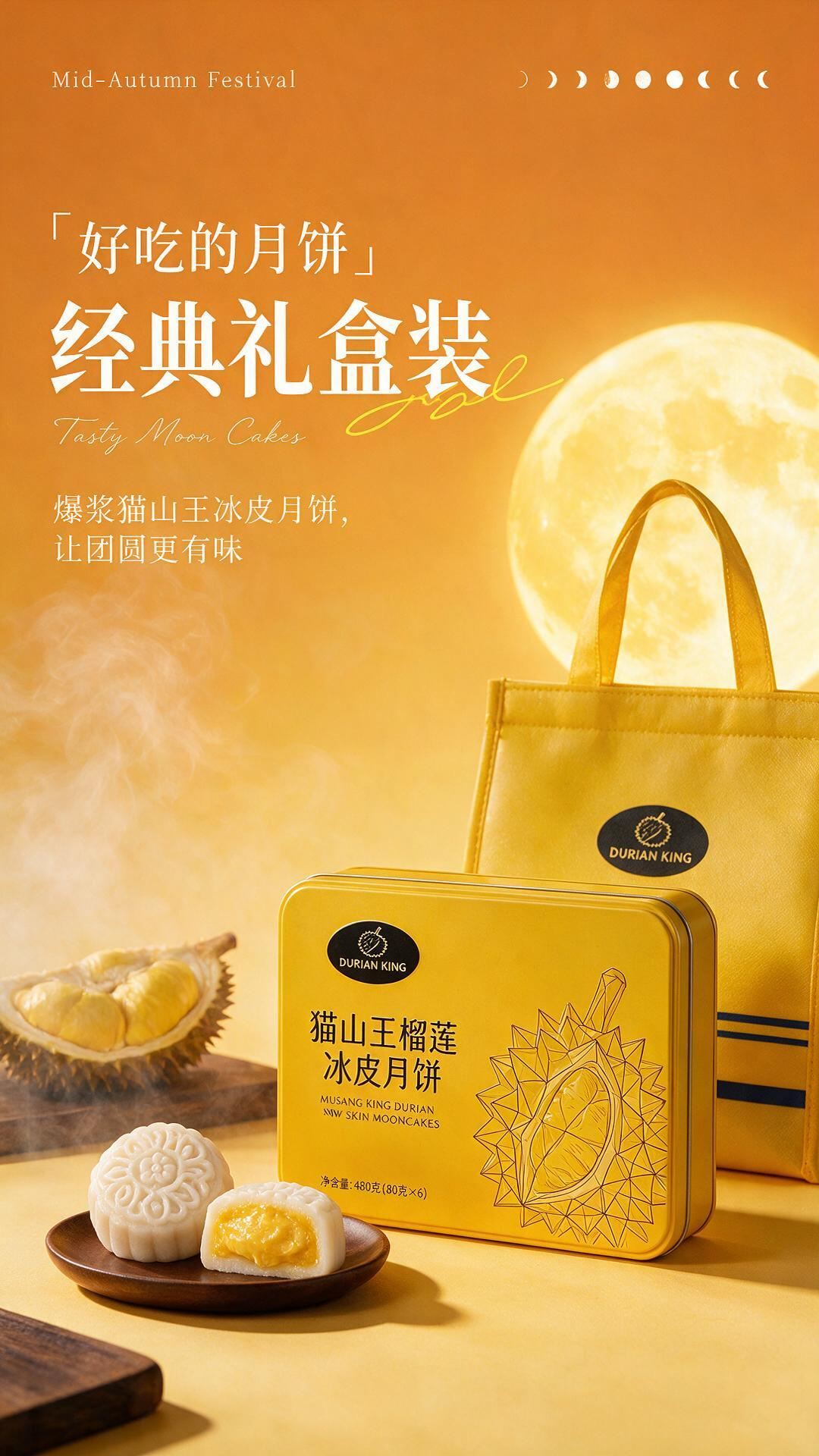 中秋榴莲冰皮月饼礼盒商业海报，温暖橙黄色渐变背景，画面左上角横向英文文字「Mid‑Autumn Festival」；右上角有一排简约白色月亮盈亏小图标。左侧从上至下排版文字：带方头引号「好吃的月饼」，大号粗体标题「经典… - AI提示词参考图，来自西西提示词