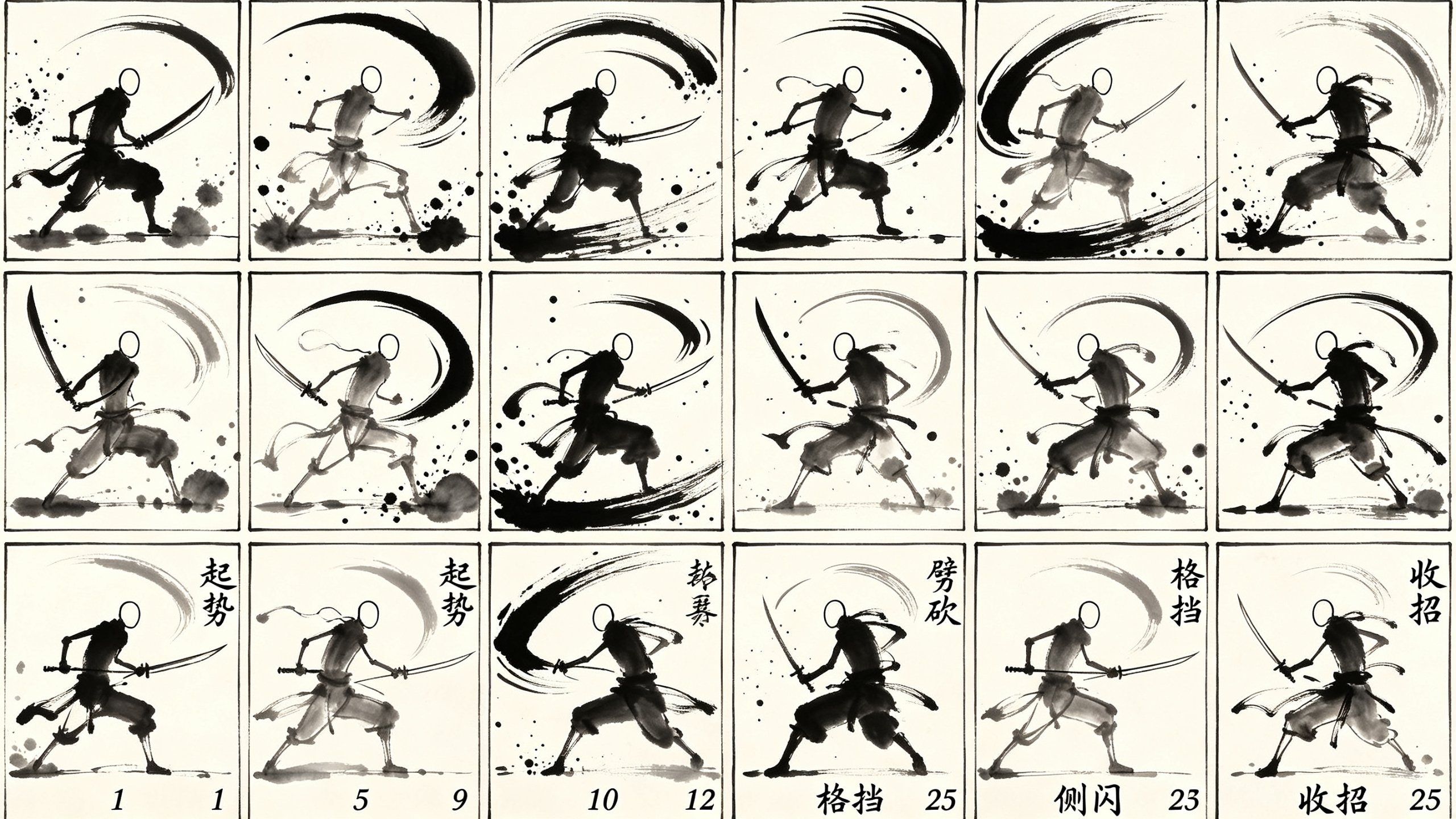 25宫格分镜故事板，水墨小人风格，两名水墨笔触构成的简约武者对打，一人持重刀一人持古剑，人物仅由数笔浓淡墨迹写意而成，无五官、无精细人体结构，肢体动态以飞白枯笔与墨团勾勒，武器挥砍轨迹搭配粗黑动态气流线、飞溅墨点与圆弧… - AI prompt reference from CC Prompt Galaxy