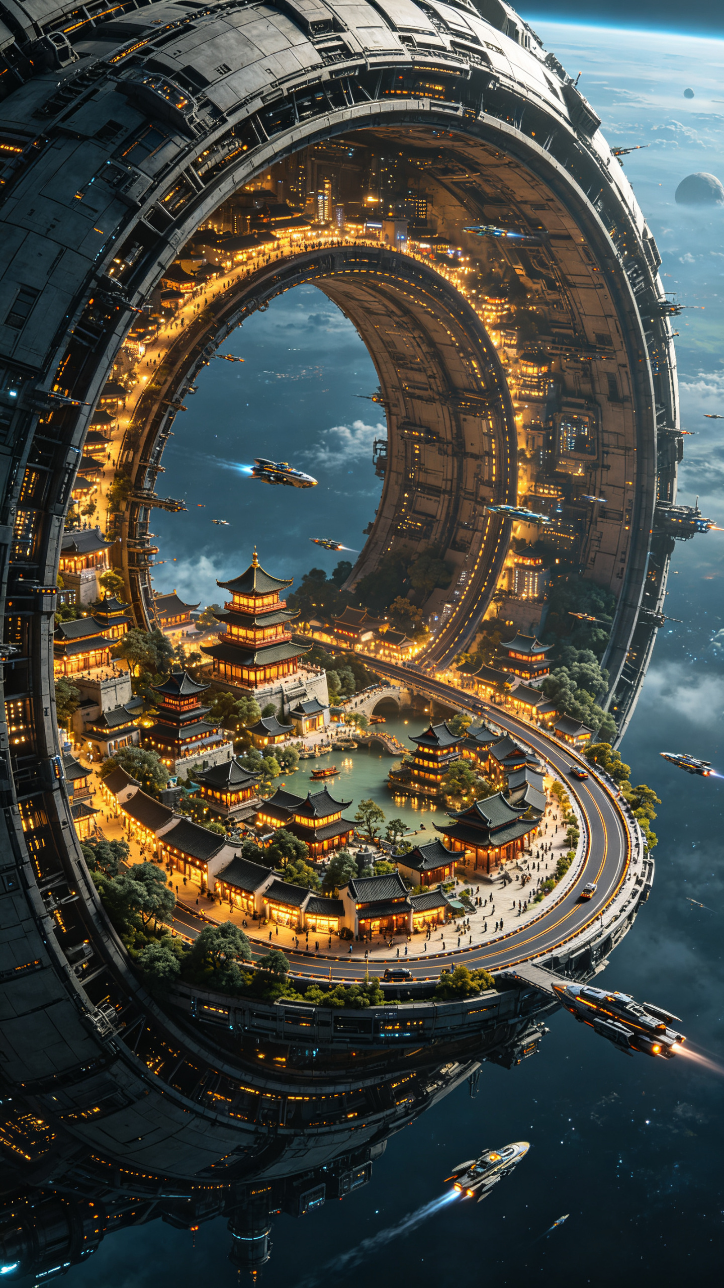 巨大的宇宙飞船里，一个以清明上河图为参考，形成一个灯火通明的未来世界，机械朋克风格，微缩景观，科幻，细腻，8K高清图，古老与科技的完美结合，古今中外。一座未来城市建在一个巨大的莫比乌斯环带上，建筑和道路沿着环带的内外表… - AI提示词参考图，来自西西提示词