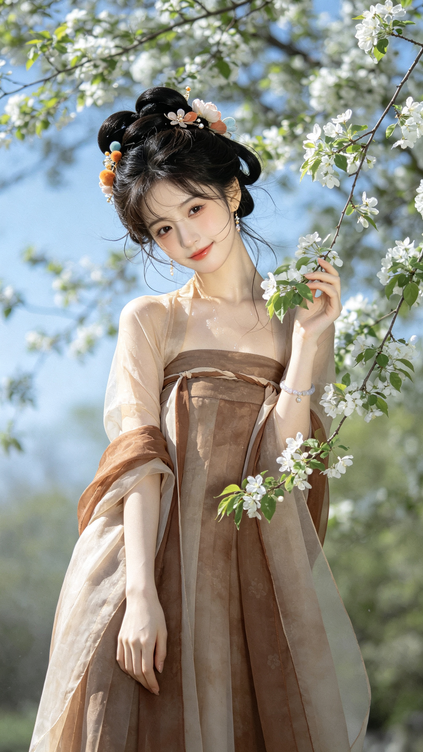 古风美少女，美艳无双，古风盘髻披发，身着唐代服饰，华丽惊艳，咖色渐变唐制襦裙配繁复高髻，发髻点缀可爱色发饰与白花枝，冷调背景衬出仙气流光感，谪仙般的清冷空灵，姿态优雅斜倚枝条仕女感，枝条繁茂，上面开满了花朵和绿叶，像从… - AI提示词参考图，来自西西提示词