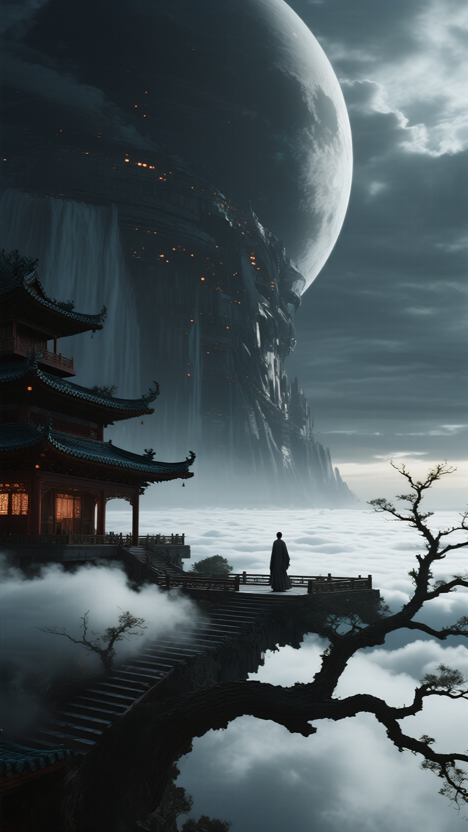 【核心前缀】低角度仰拍，UE5 实时渲染，NASA 明亮滤镜风格，8K 超写实史诗概念艺术，宏大叙事，16:9 宽画幅，强烈明暗对比，无动漫风格 【主体建筑】飞檐翘角清晰可见，附属建筑没有栏杆的平台上一位极度渺小古风修… - AI提示词参考图，来自西西提示词