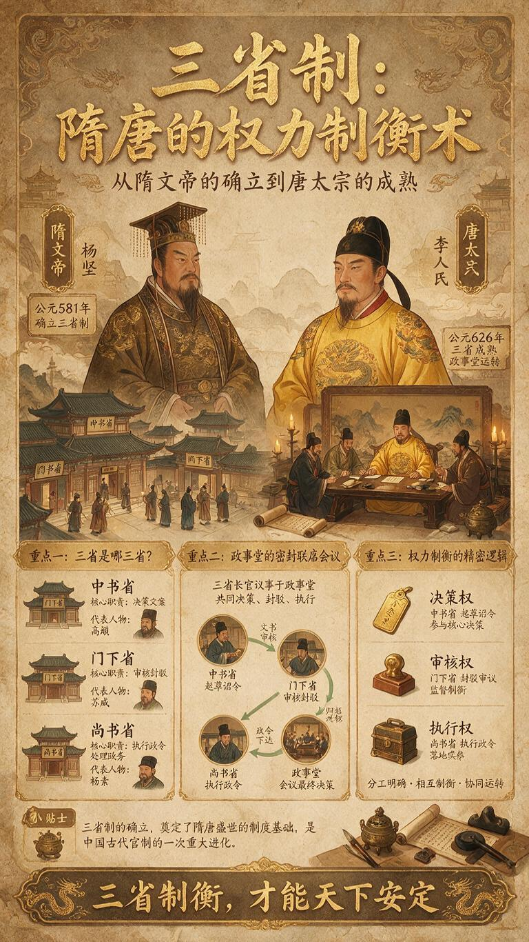 最终，隋文帝杨坚正式确立了这套制度；到了唐朝，三省分工更加明确，并通过政事堂协调中枢政务。 - AI prompt reference from CC Prompt Galaxy