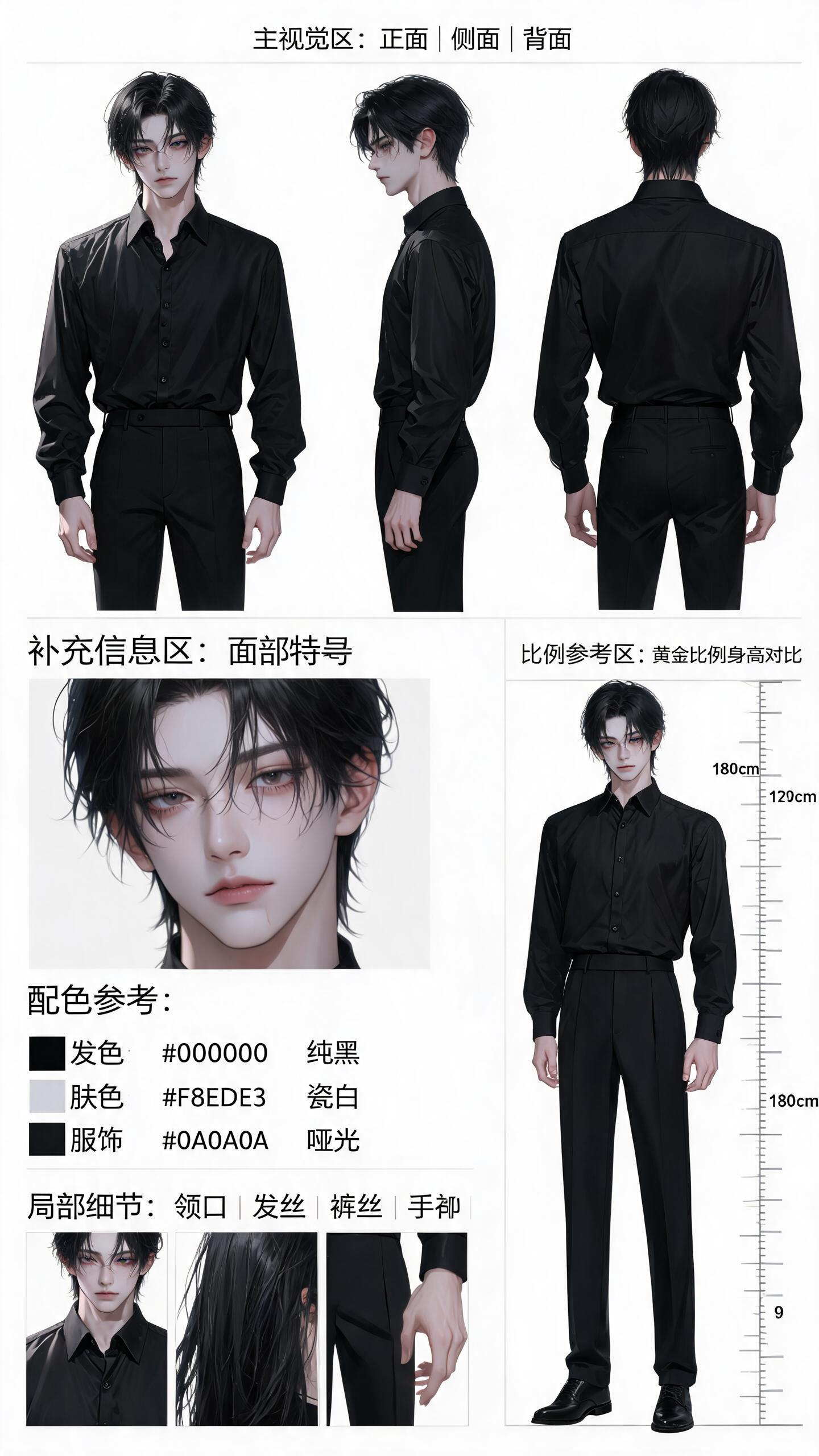 人物形象提示词：（三视图） 1.主视觉区 (上方)以 "正面 + 侧面 + 背面" 三个核心视角为主体，直观呈现角色的整体身形、服饰搭配和标志性特征，是制作人员对人物 "整体造型" 的参考基础。 2.补充信息区 (左侧… - AI提示词参考图，来自西西提示词