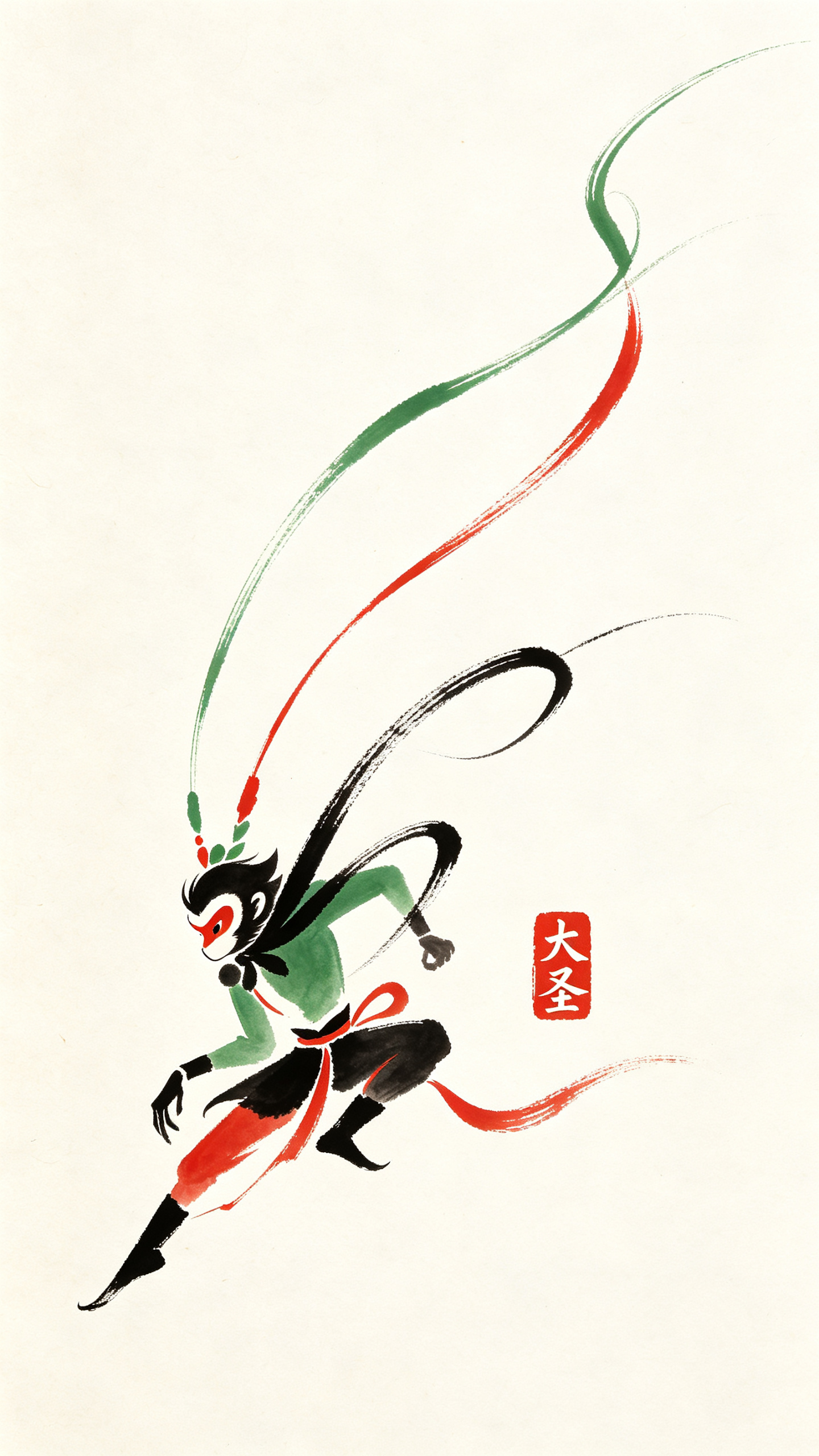 中国神仙孙悟空的抽象表达，手绘感强，现代简约线条艺术，拉长的艺术曲线，曲线延伸飘逸，构图完整，极致简约概括手绘毛笔线条，绿色和红色和黑色线条为主，流畅飘逸的线条质感，添加传统红色印章写着“大圣”，简洁白色背景，兼具动感… - AI提示词参考图，来自西西提示词