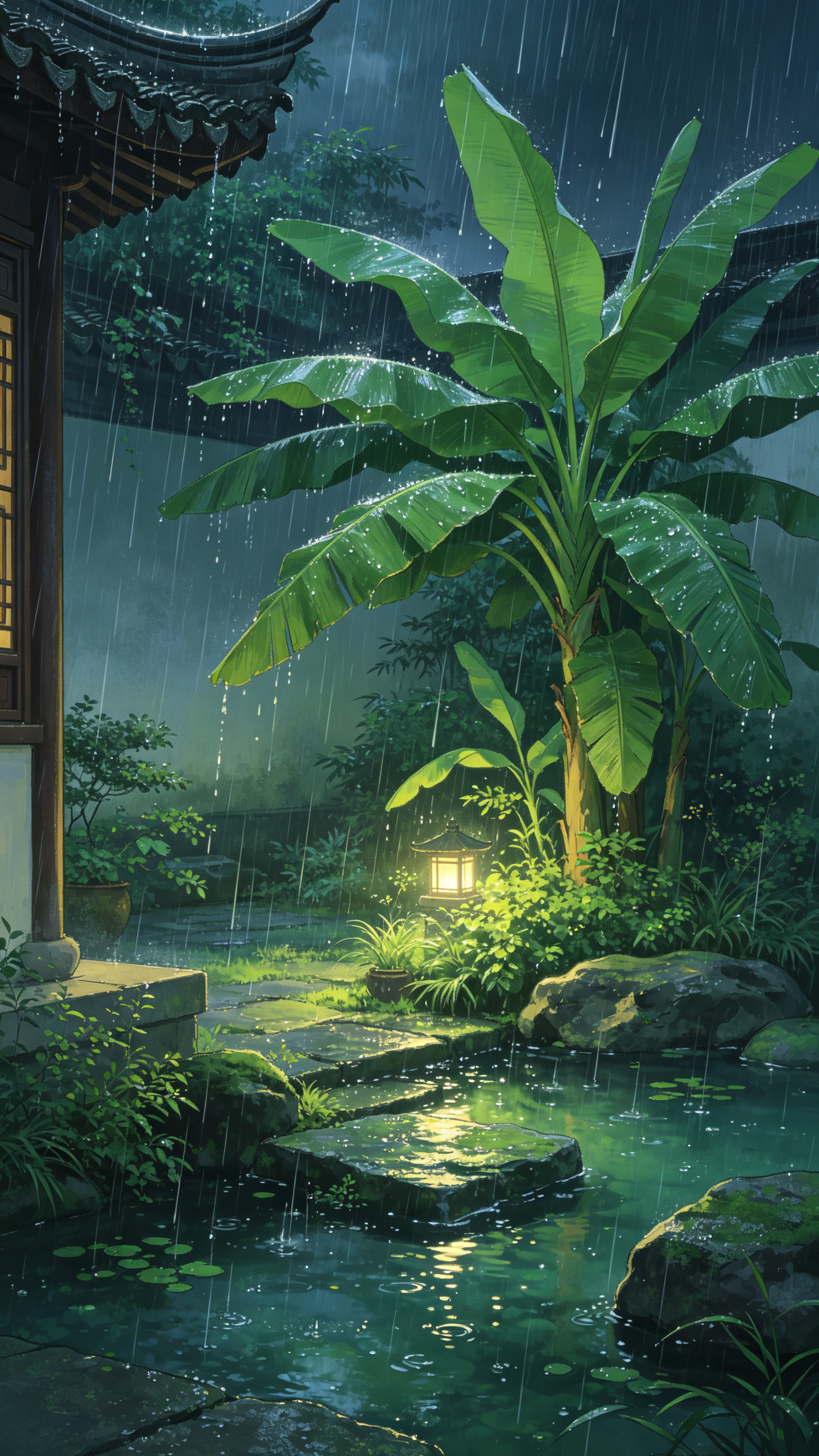 【AI分镜词：漫画风格, 高清,高级感， 8K, 杰作, 最佳质量, 古风治愈雨夜庭院，夏夜微雨，青翠绿植芭蕉，宽大蕉叶承雨，细密雨丝飘落，青石浅积水洼，温润夜色，朦胧柔光，静谧闲适，中式夜雨小景】 - AI提示词参考图，来自西西提示词