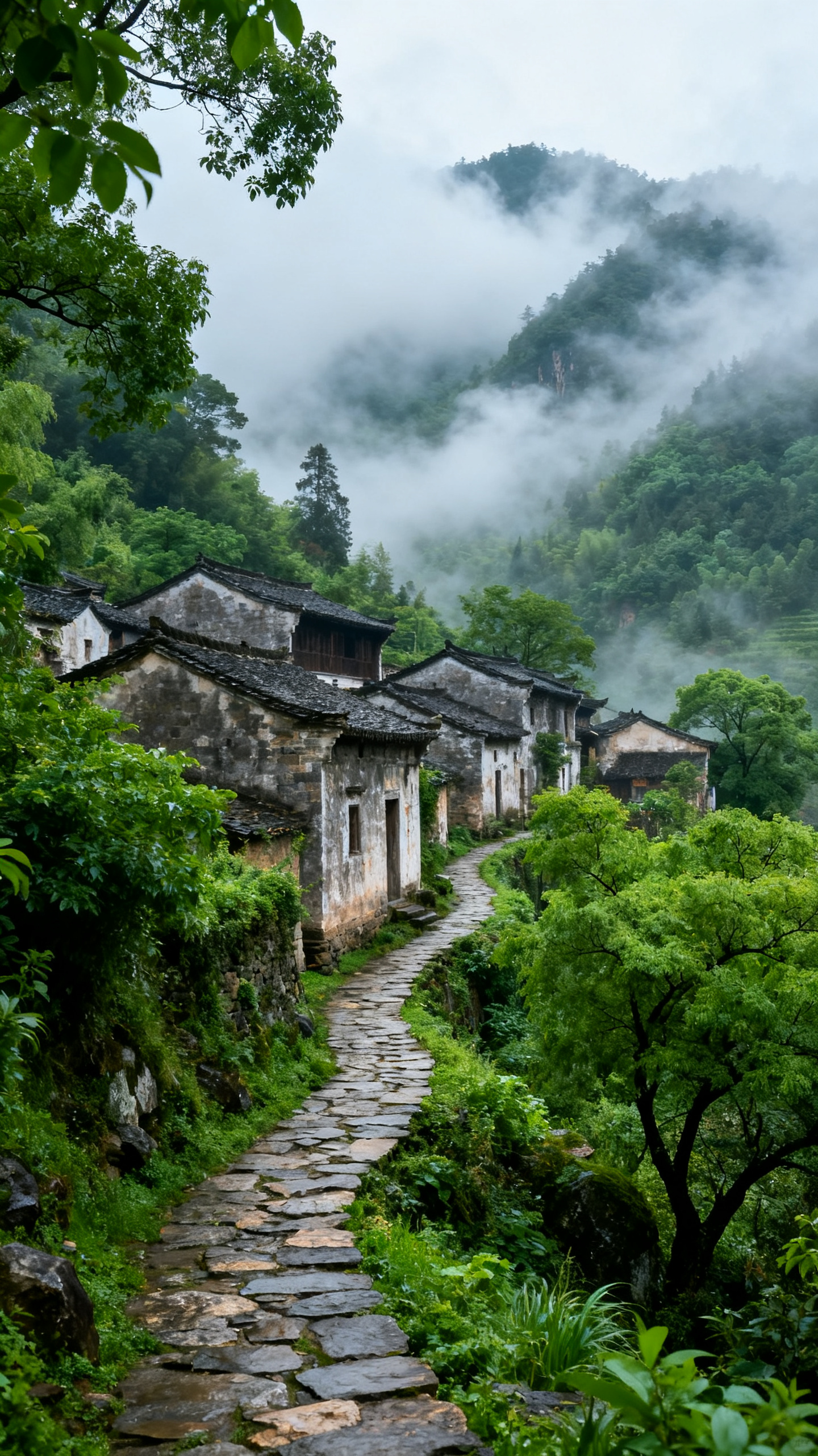 一座古老的山间村落，绿树环绕，石径蜿蜒，云雾缭绕在山间，整体为清新的绿色调 - AI提示词参考图，来自西西提示词