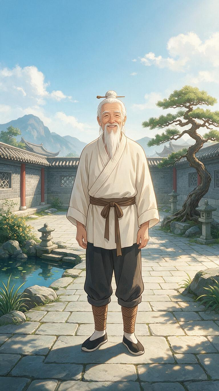 一位古风老人，白发束于头顶，插有发簪，面容微笑，长白胡须垂至胸前；身着白色上衣，，腰间系深棕色束带，下身搭配深色长裤，裤脚挽起，露出带有复杂纹路的棕色绑腿，足蹬黑白色传统布鞋，双手自然垂放身体两侧，正面站立在中间 背景… - AI提示词参考图，来自西西提示词