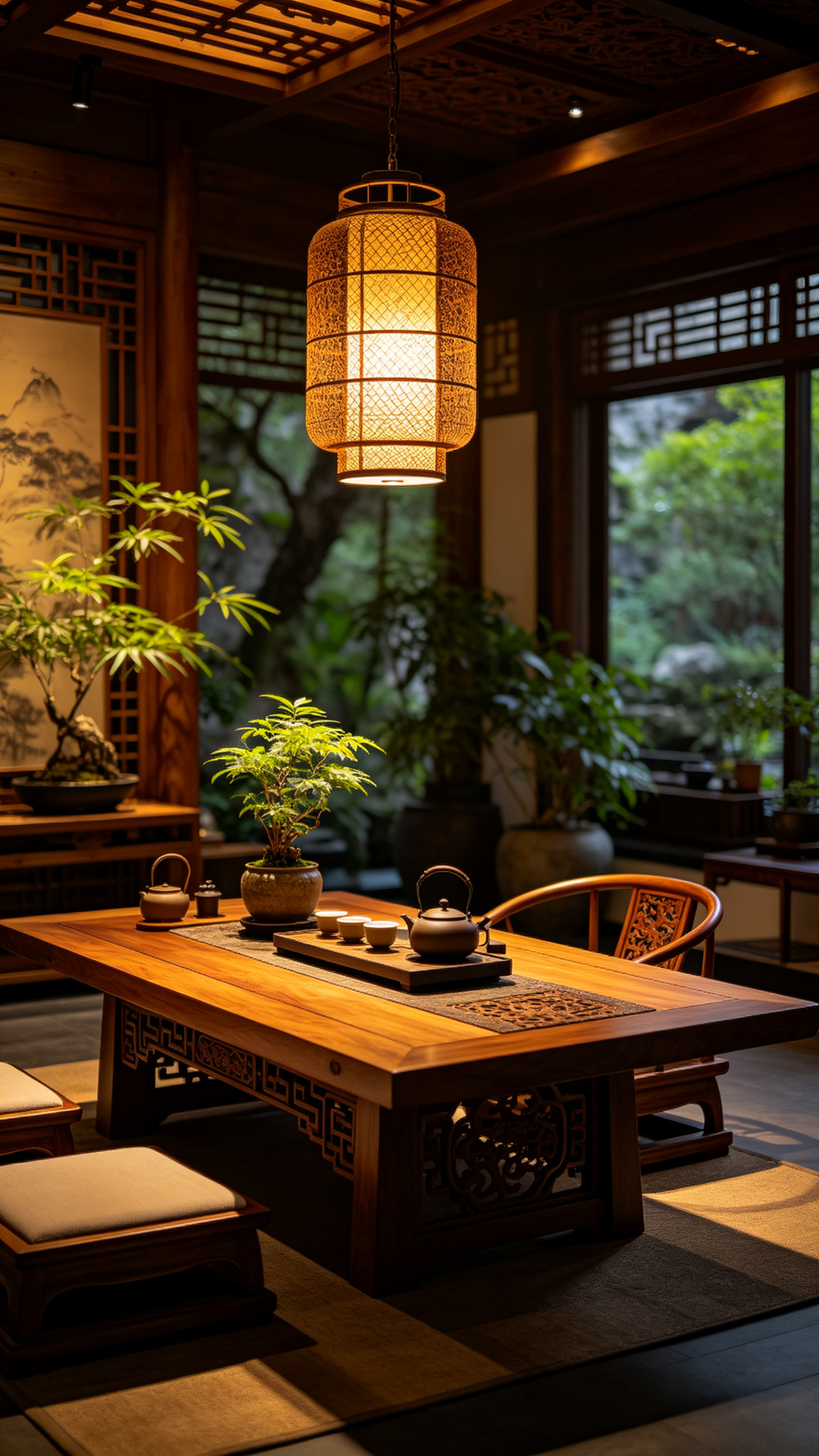 8k超高清极致画质，养生茶室环境，喝茶活动中心，精致木制茶桌，暖色调灯，绿植。宁静氛围，艺术构图，高清晰度，高饱和度。 - AI提示词参考图，来自西西提示词